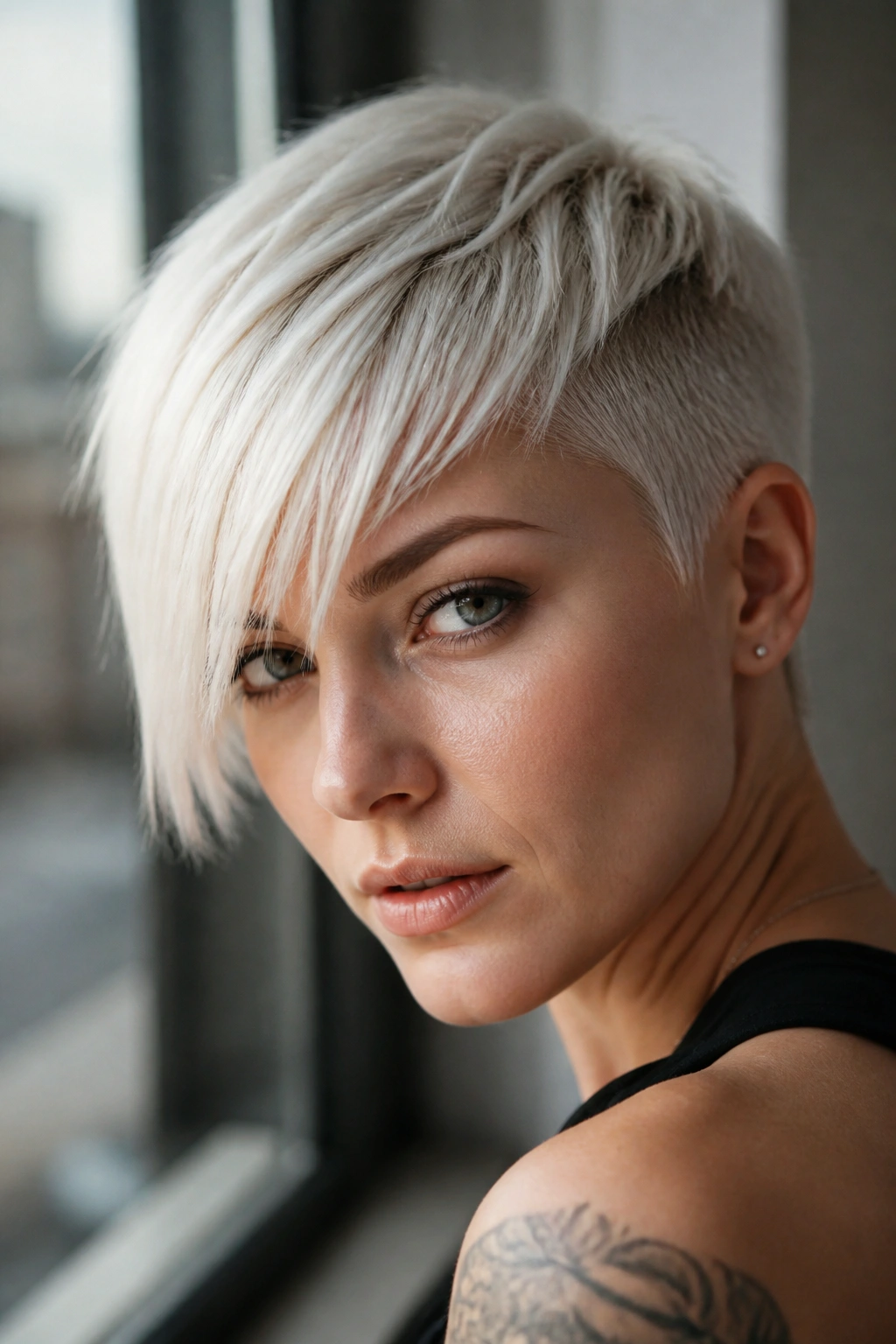 Close-up portrait of a real woman with platinum long bangs pixie and icy blonde color.