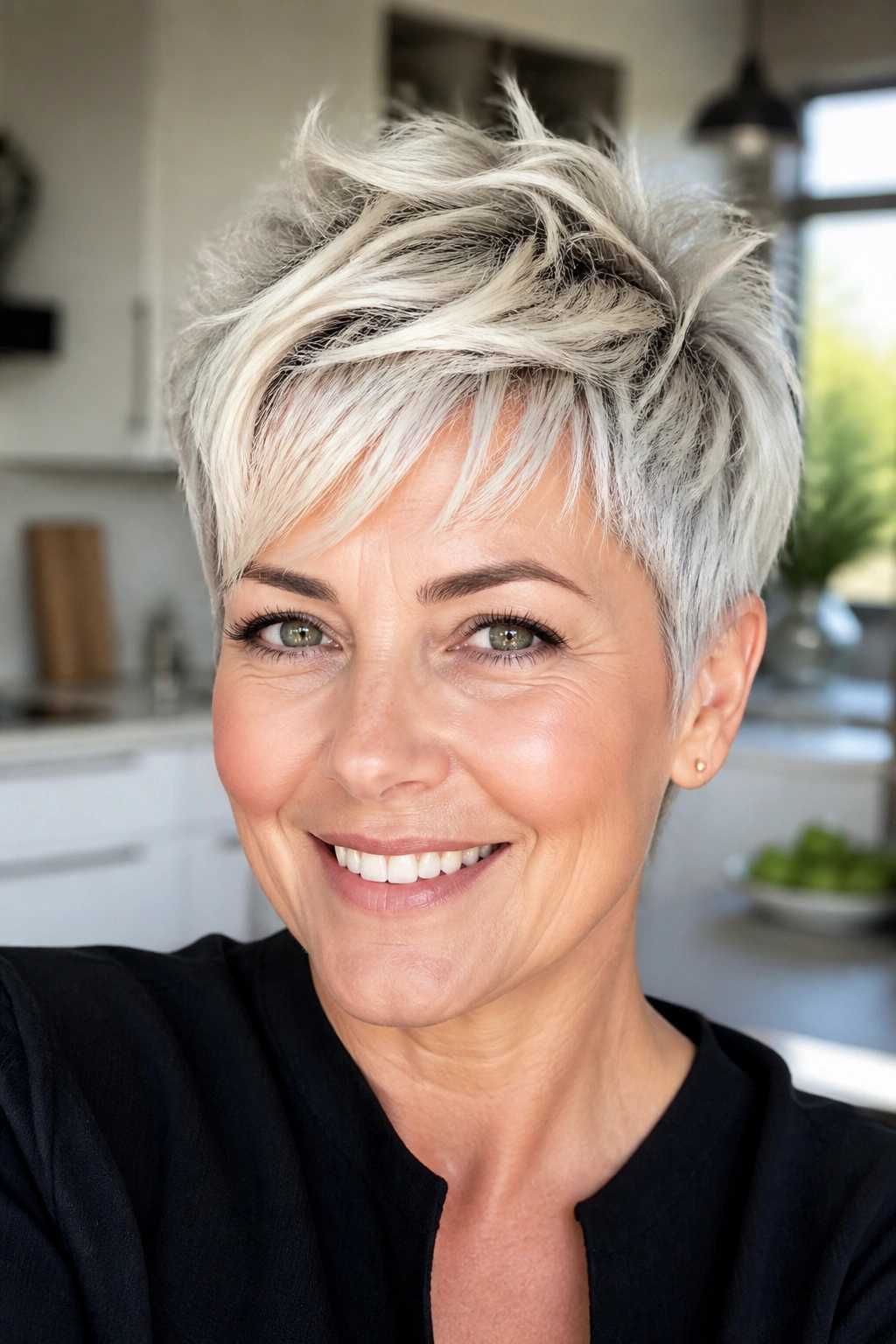 Close-up portrait of a real woman with platinum pixie showing piecey texture.