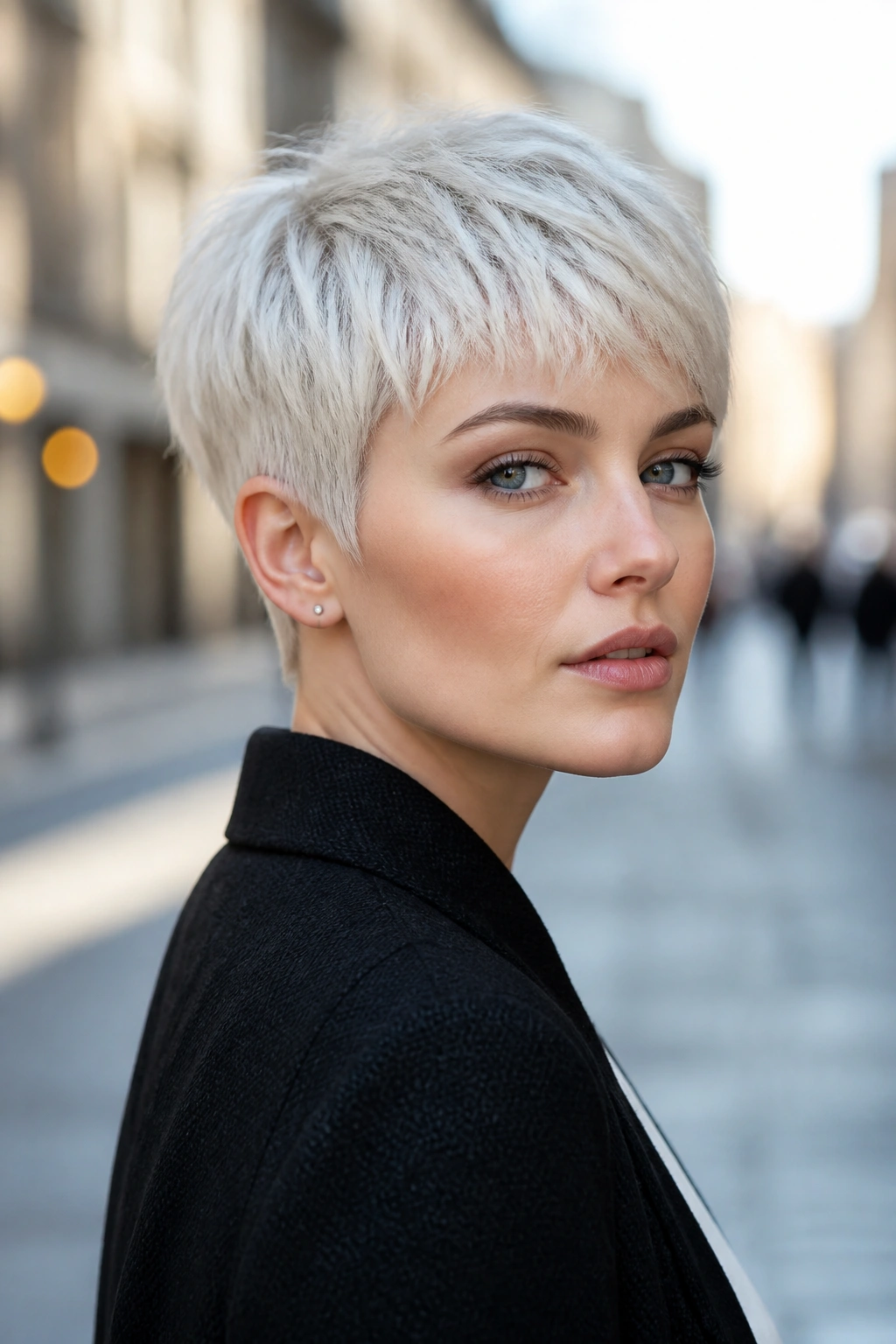 Portrait of a woman with a Scandinavian platinum pixie under morning urban light.