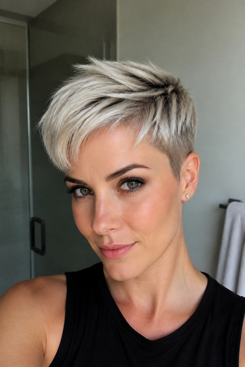 Close-up of a real woman with rooted platinum pixie hairstyle