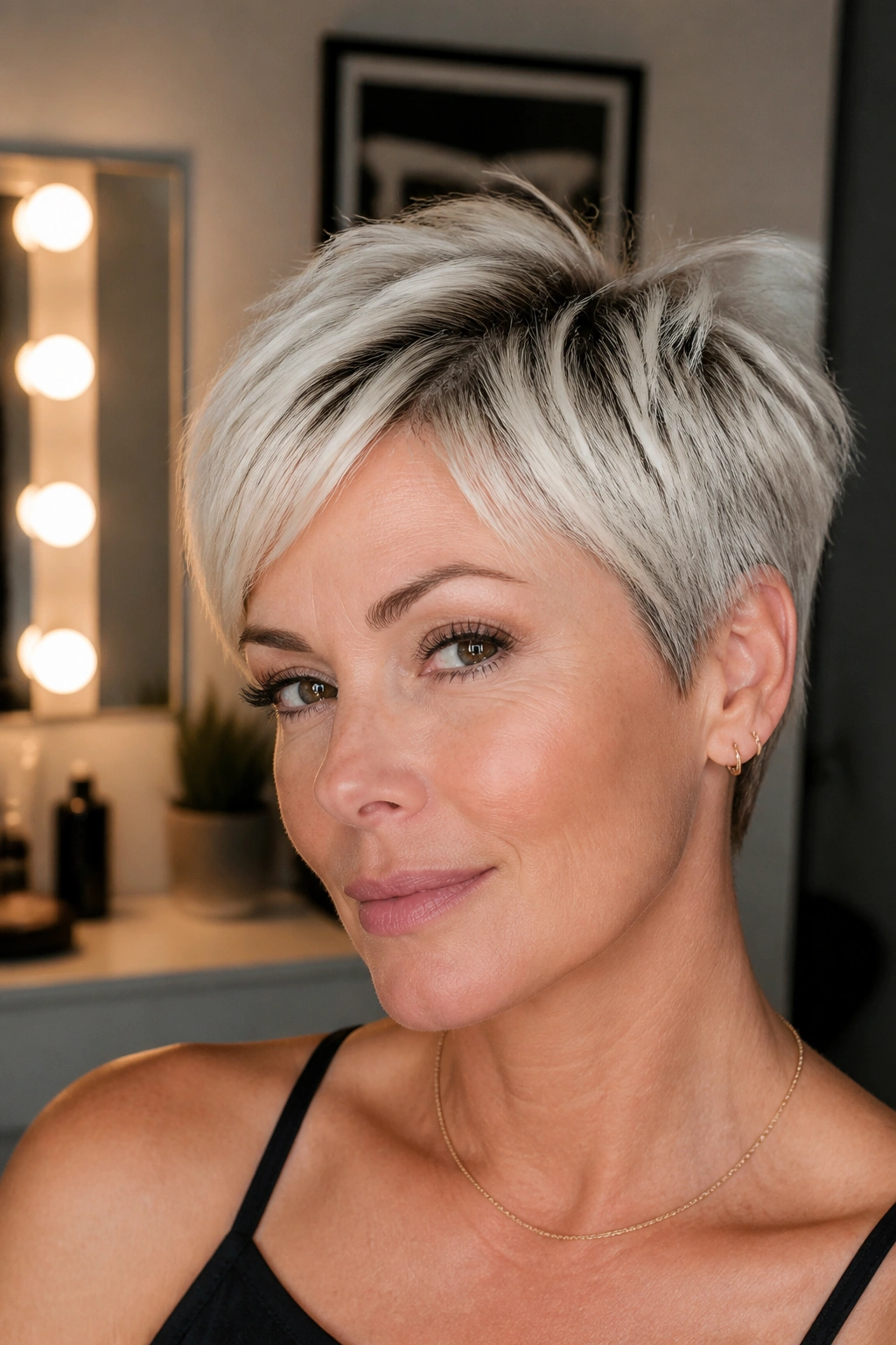 Close-up of a real woman with platinum pixie and dark roots