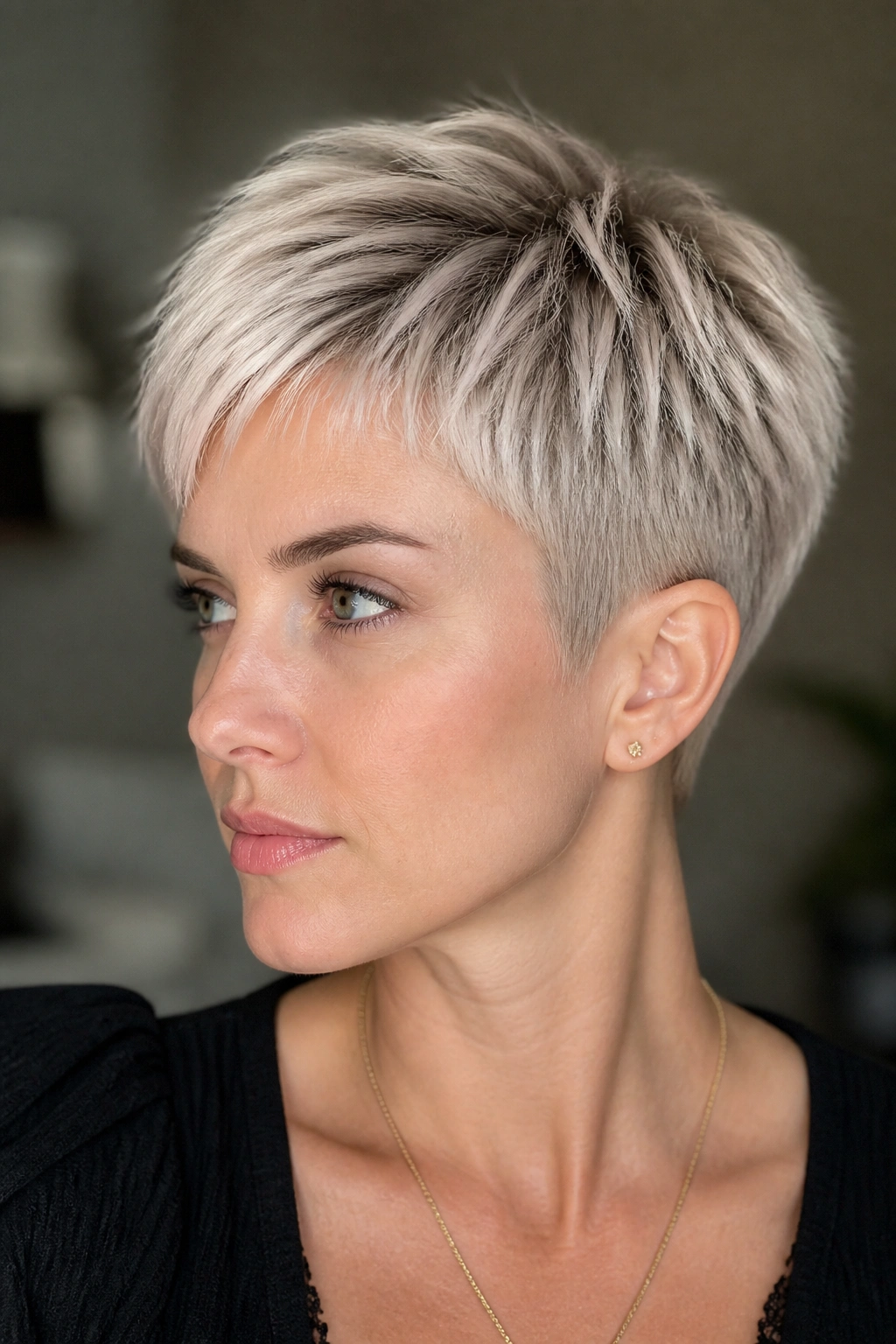 Close-up of a real woman with platinum pixie and soft shadow root in natural light