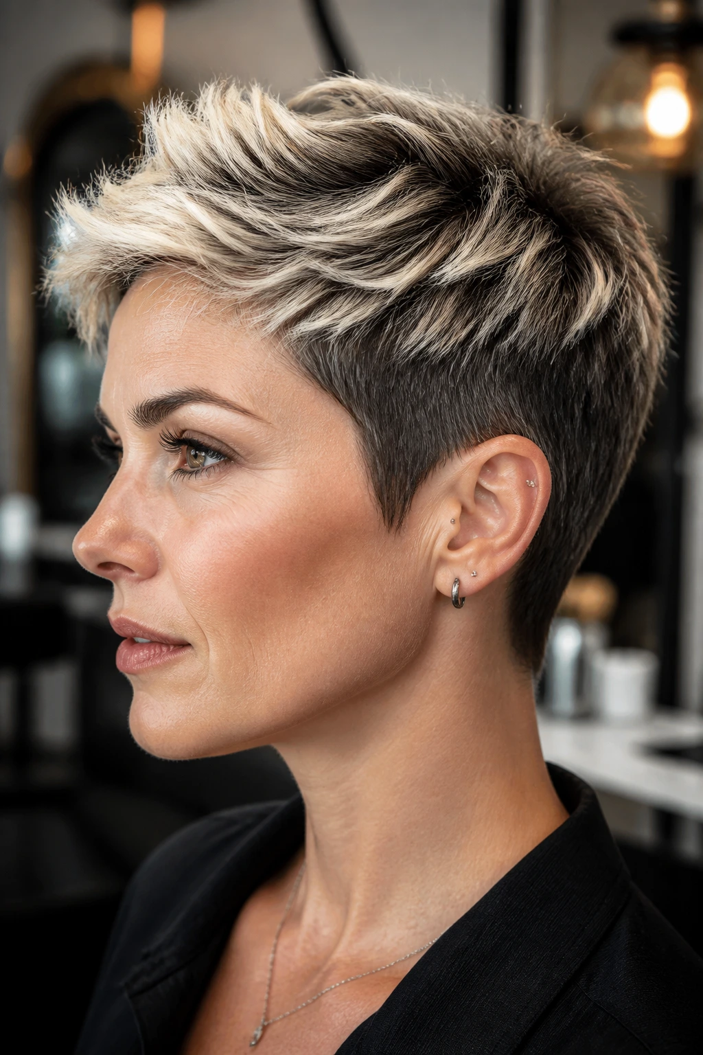 Close-up of a cropped pixie with platinum tip ends on a real person