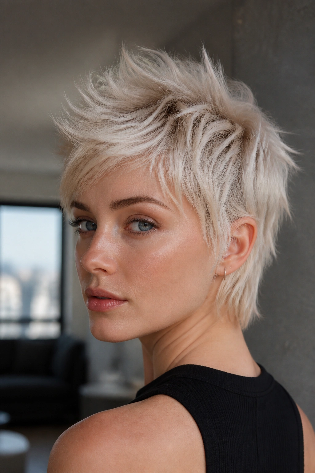 Portrait of a person with platinum razor-cut wolf pixie highlighting crisp edges