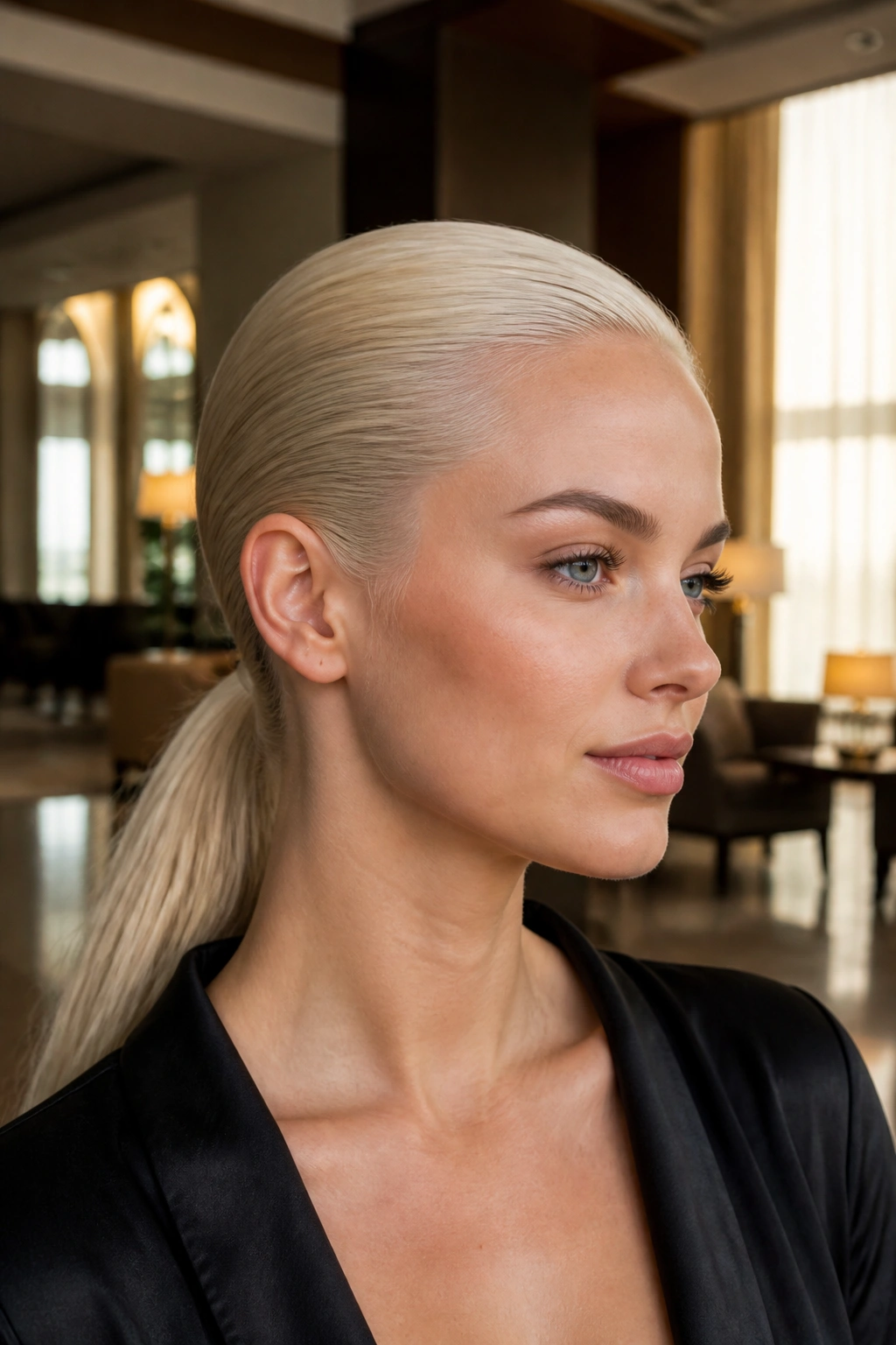 Close-up portrait of a real woman with a glossy platinum slick-back ponytail.
