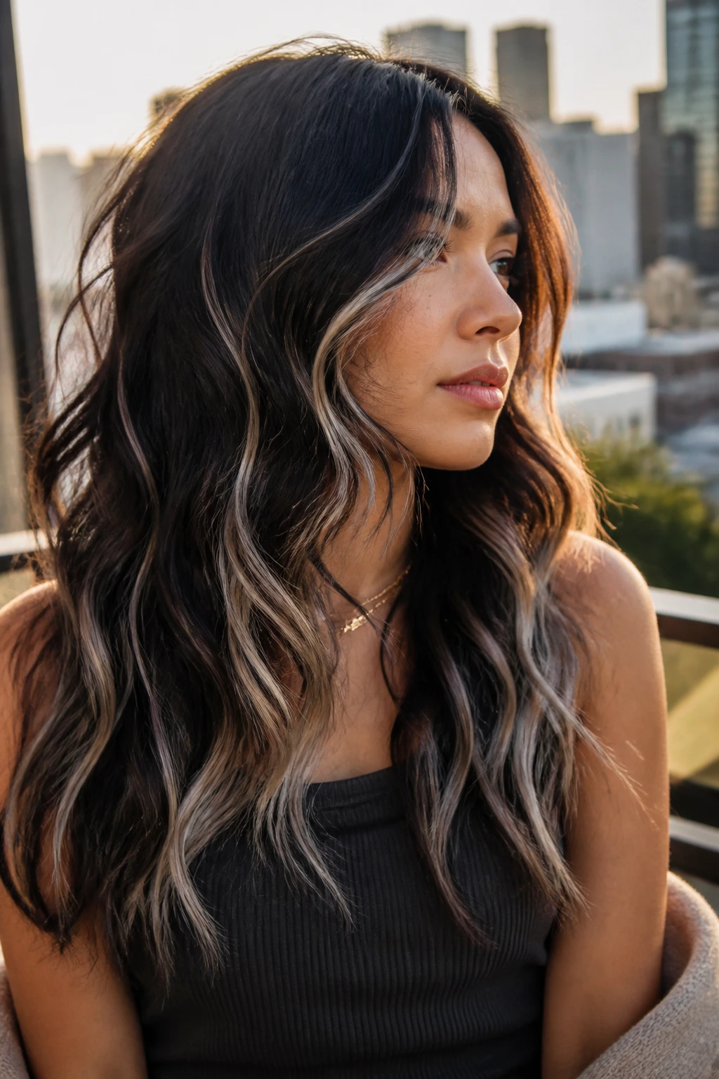 Close-up of a real woman with platinum ribbons in dark waves.