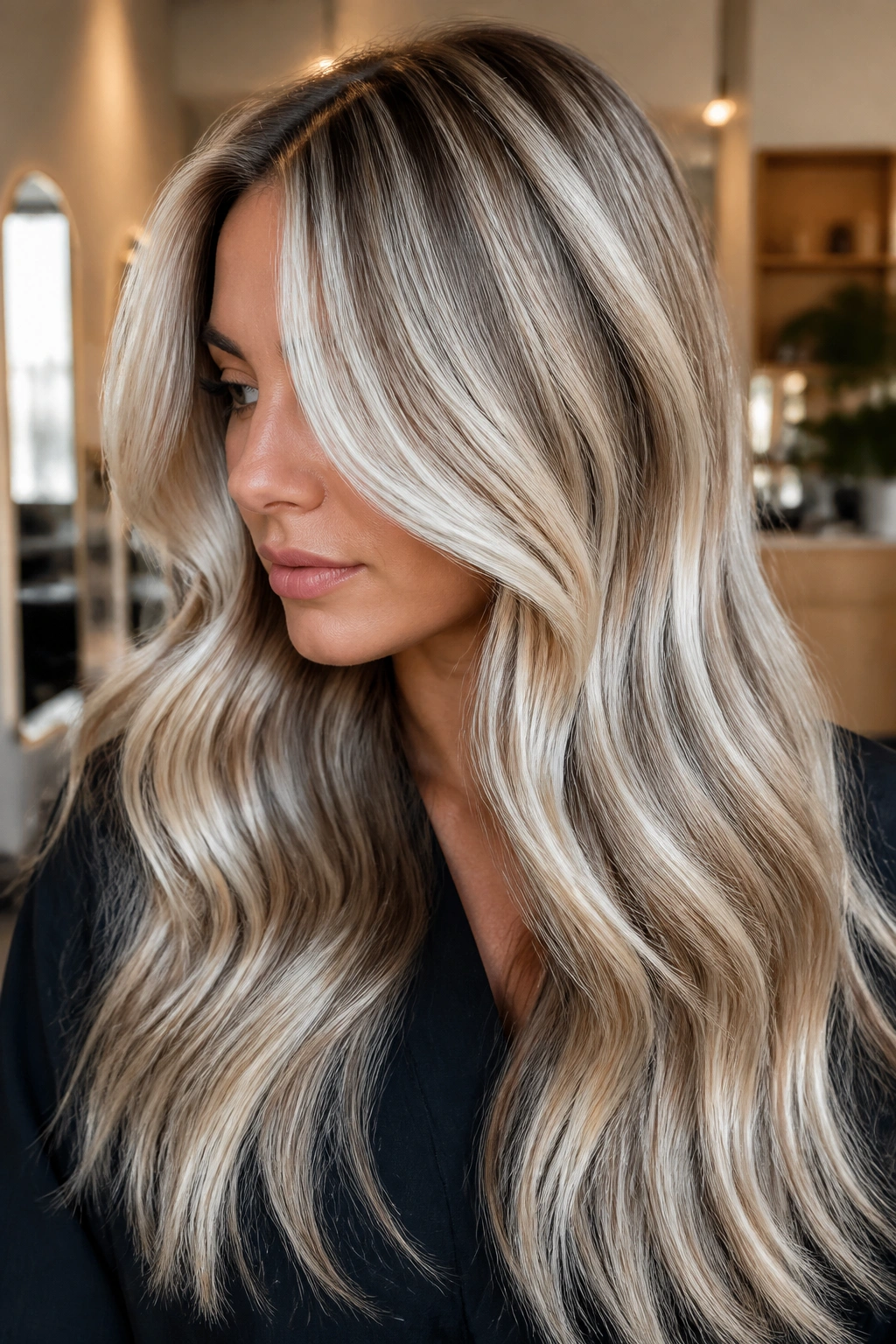 Close-up portrait of a person with platinum sand ribboning in hair in a warm salon