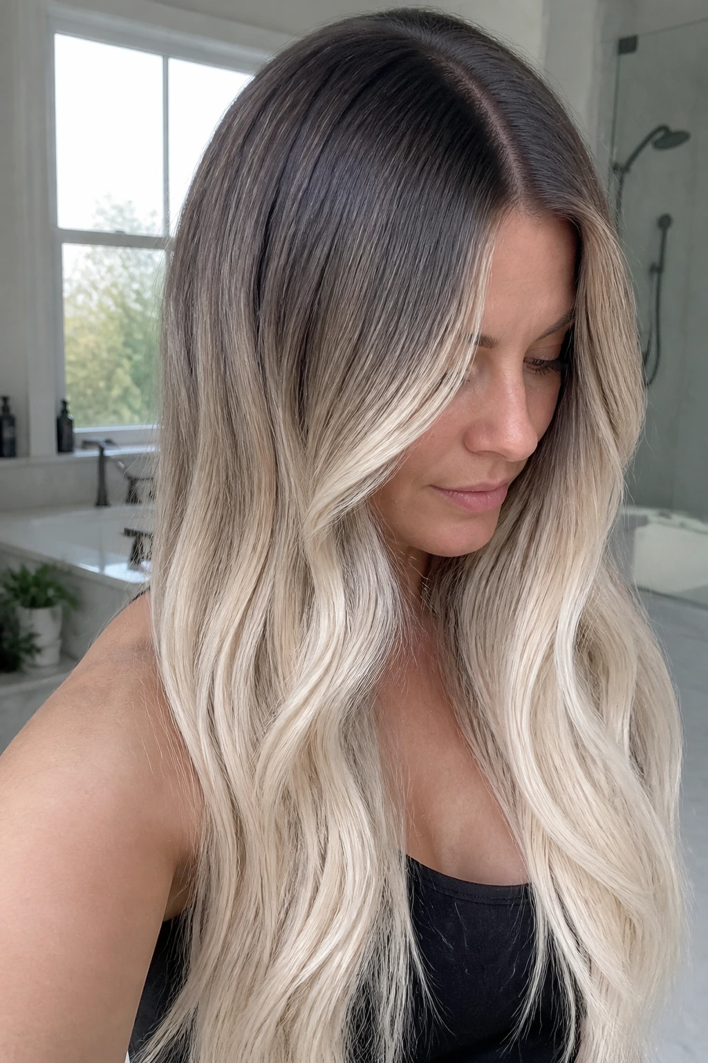 Close-up of a woman with a shadow root and platinum ends on long hair