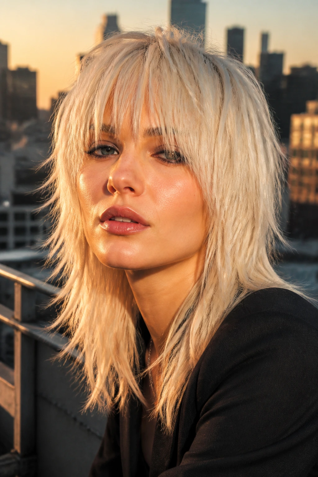 Close-up of a platinum shag hairstyle with blunt long bangs on a real person on a rooftop at golden hour