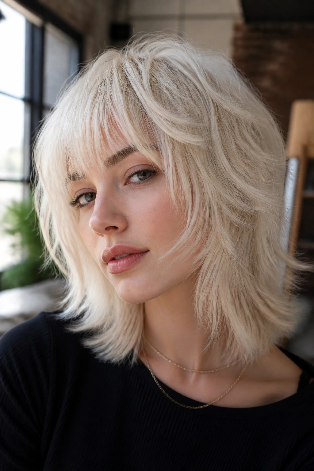 Real person with platinum shag haircut and feathered layers