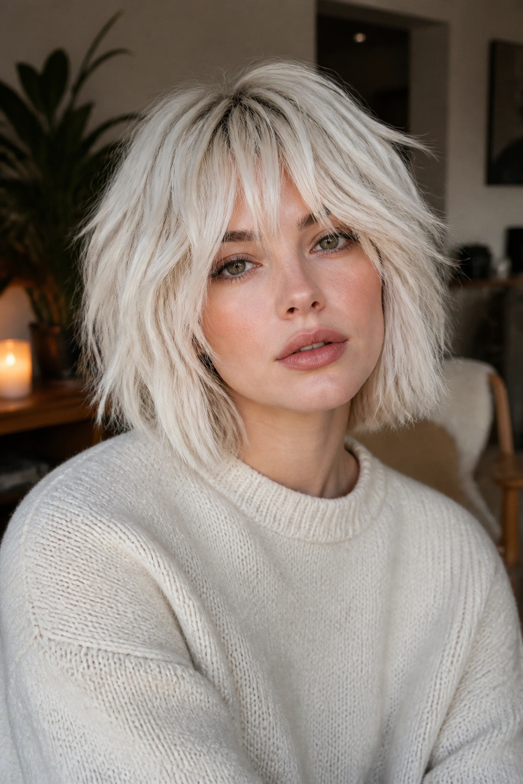 Close-up of real woman wearing platinum shaggy bob with soft layers