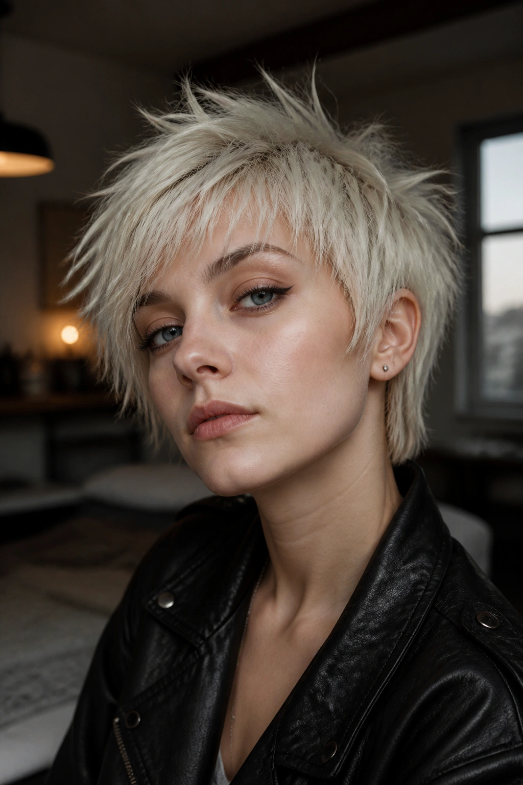 Real person with platinum shaggy punk pixie, torn edges and movement