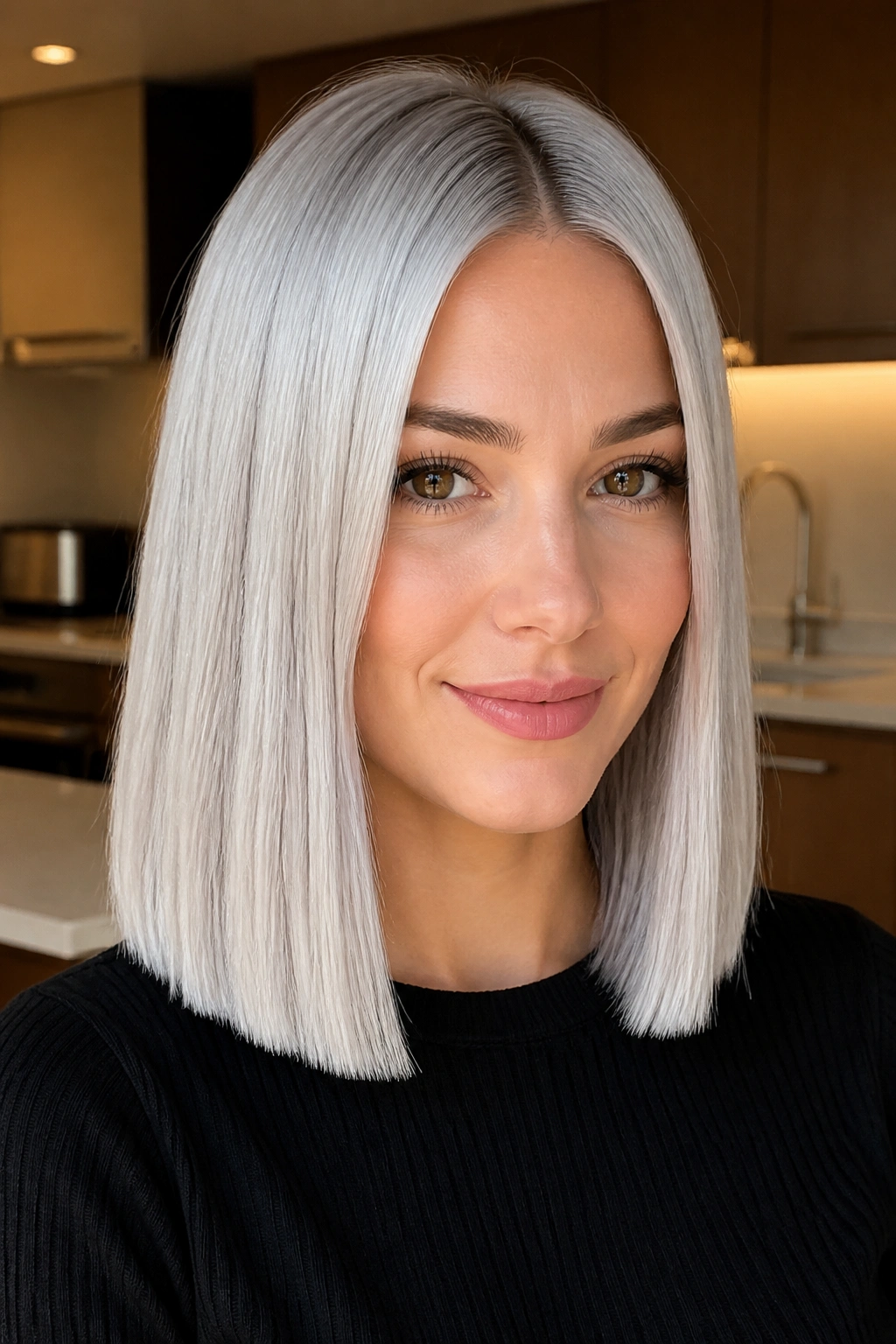 Portrait of a woman with platinum silver blunt-ended lob in warm kitchen light