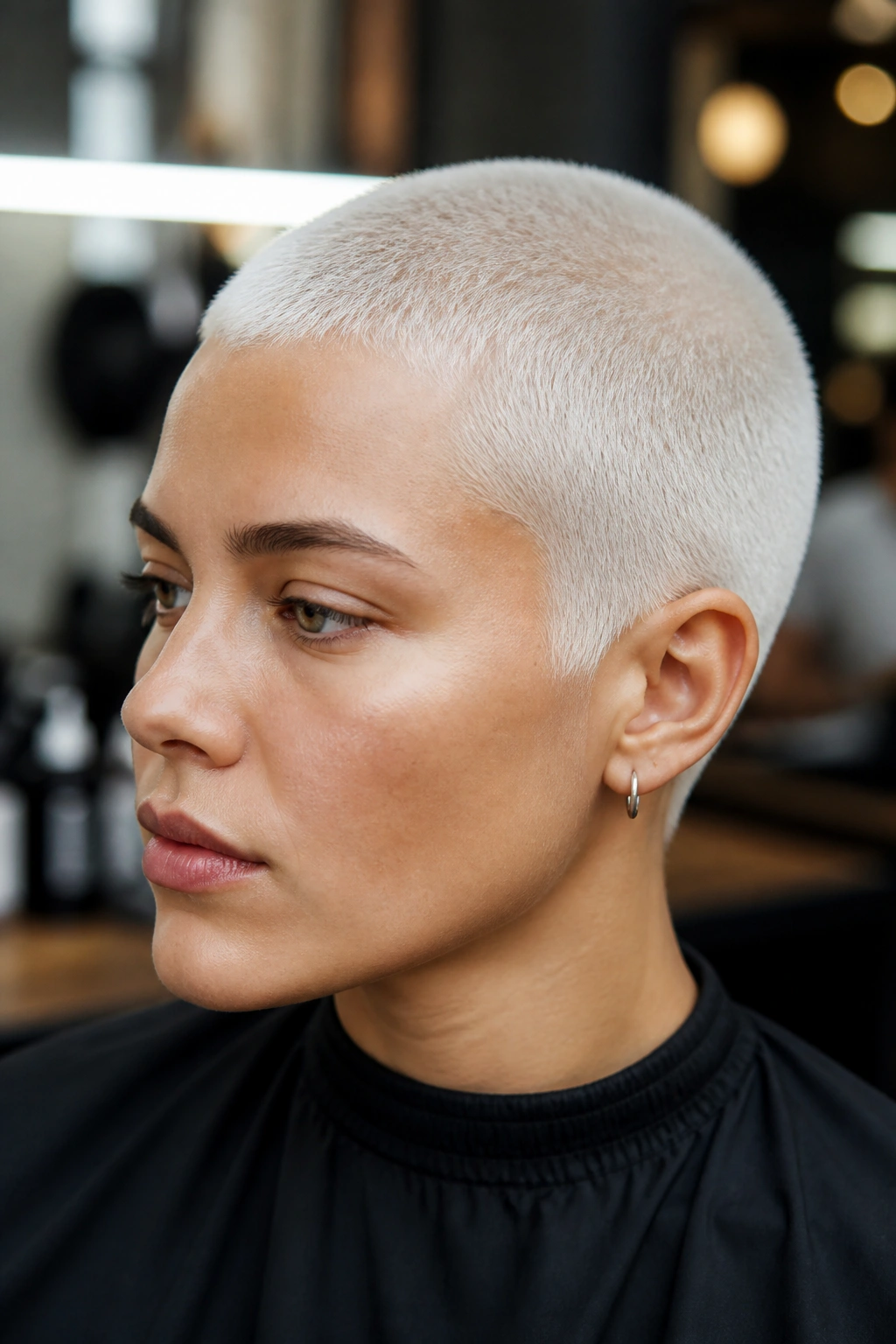 Close-up of a real person with platinum silver buzz cut showing bold contrast