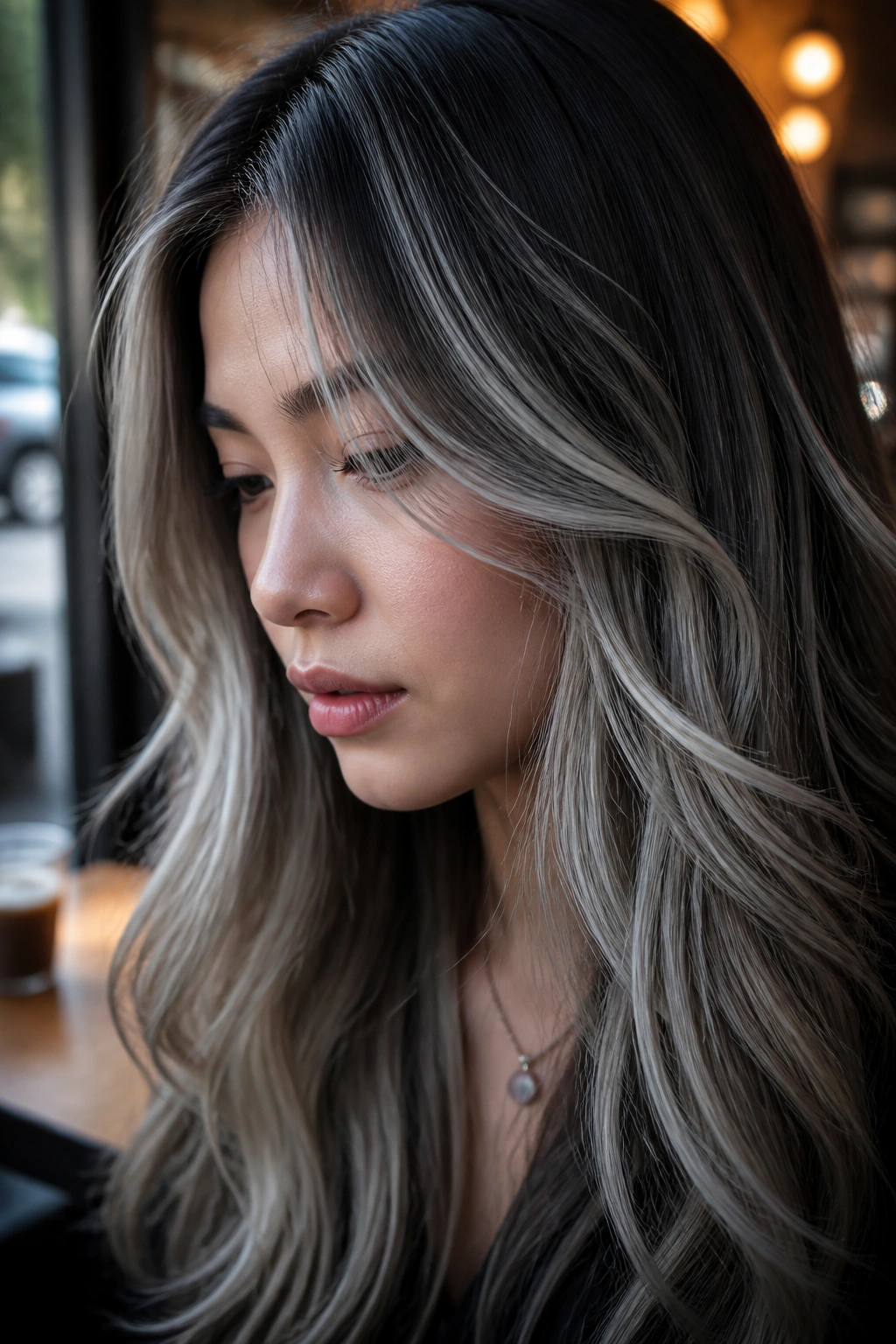 Close-up of long hair with platinum-silver strands