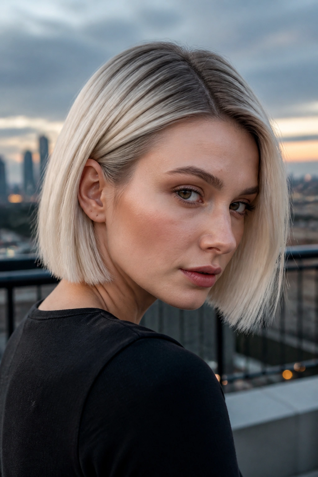 Close-up of a real woman with platinum blonde hair and smoky root tap.