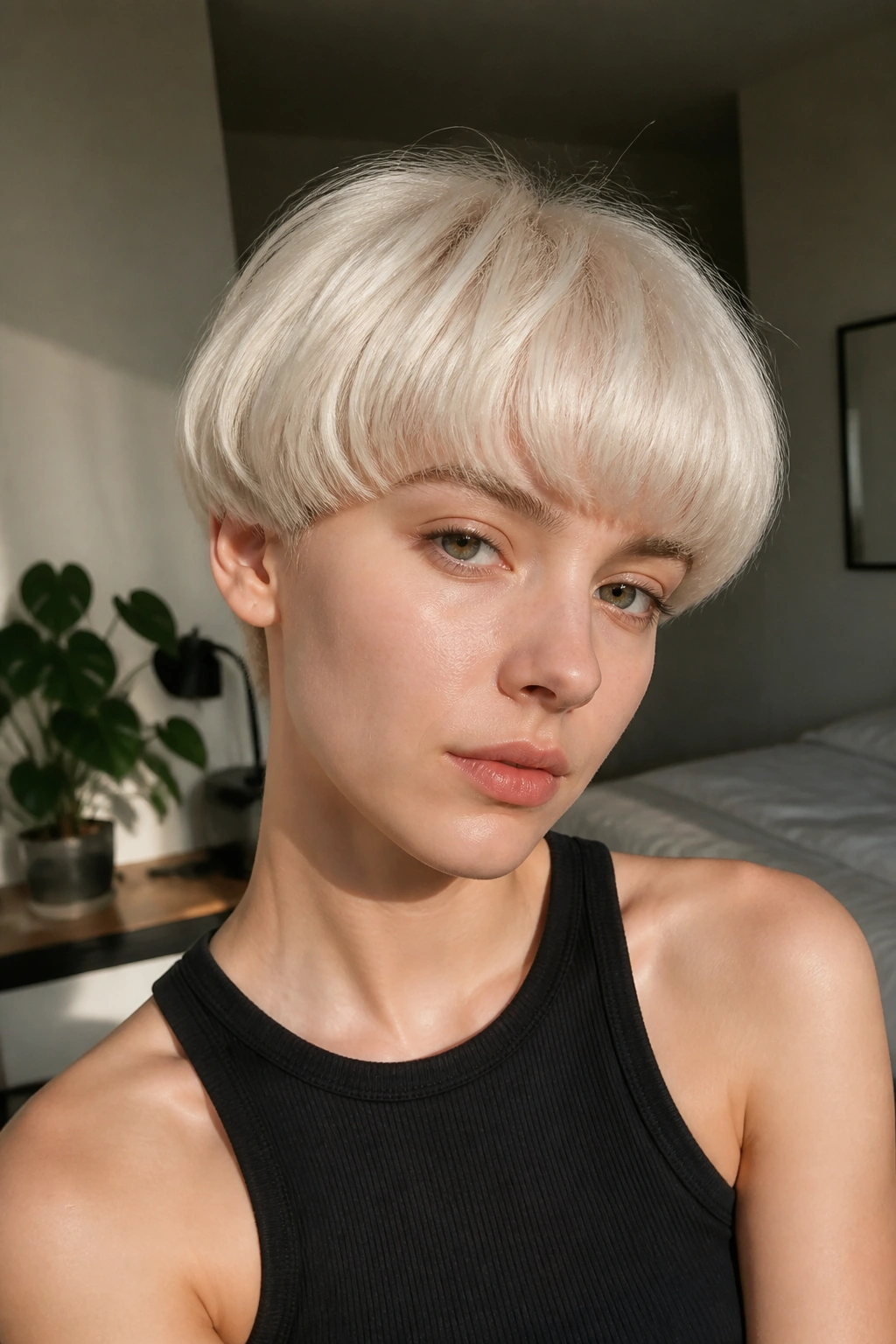 Real person with platinum soft bowl cut in sunlit room