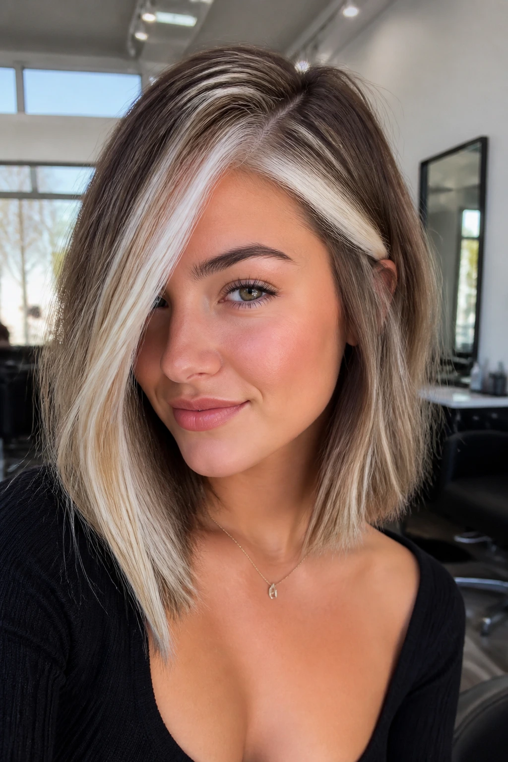 Close-up of a real person with platinum streaks on a side-part lob
