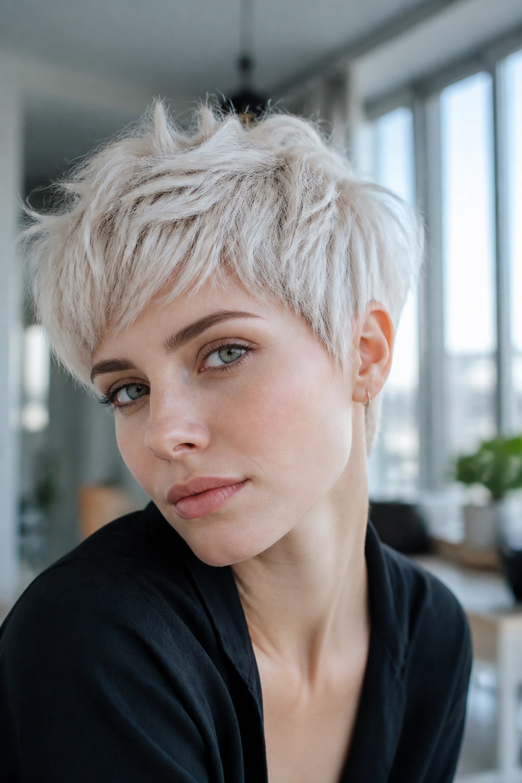 Close-up of a platinum textured pixie on a real person in a bright living space