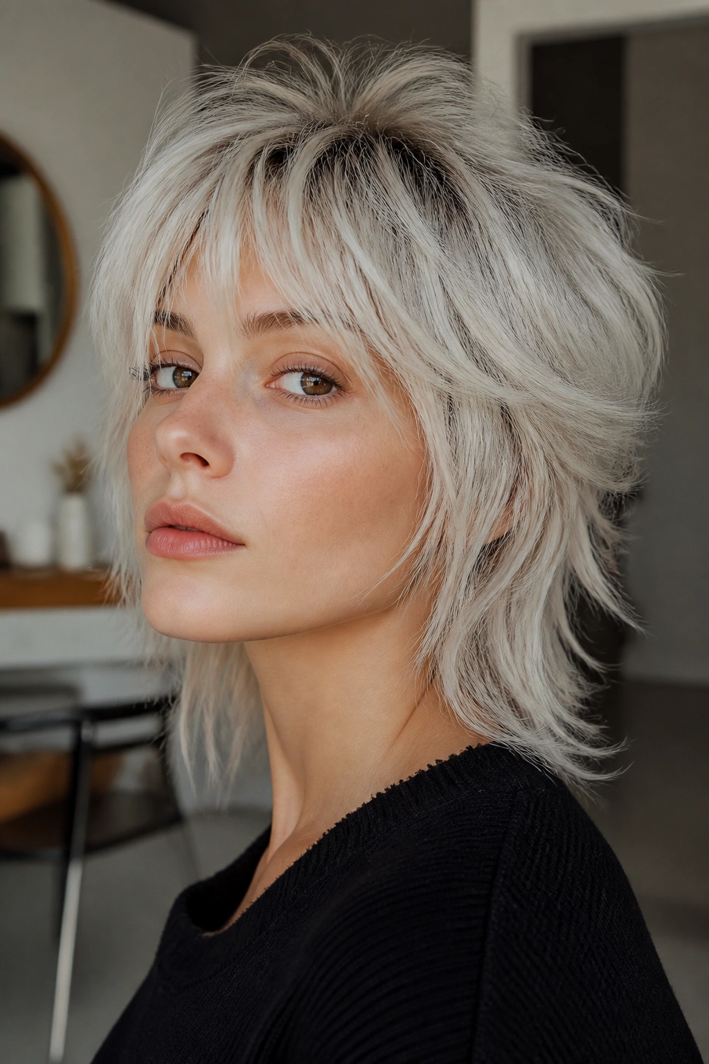 Close-up of a real woman with platinum textured wolf cut and lifted crown