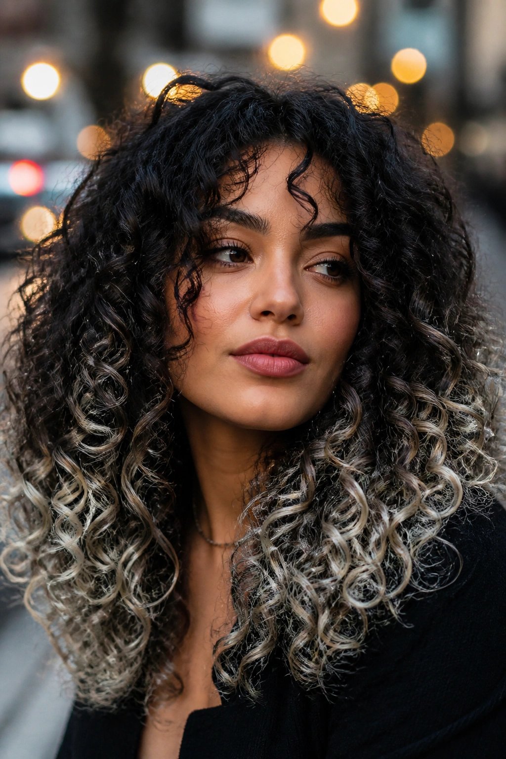 Dark curly hair with platinum tips on a real person