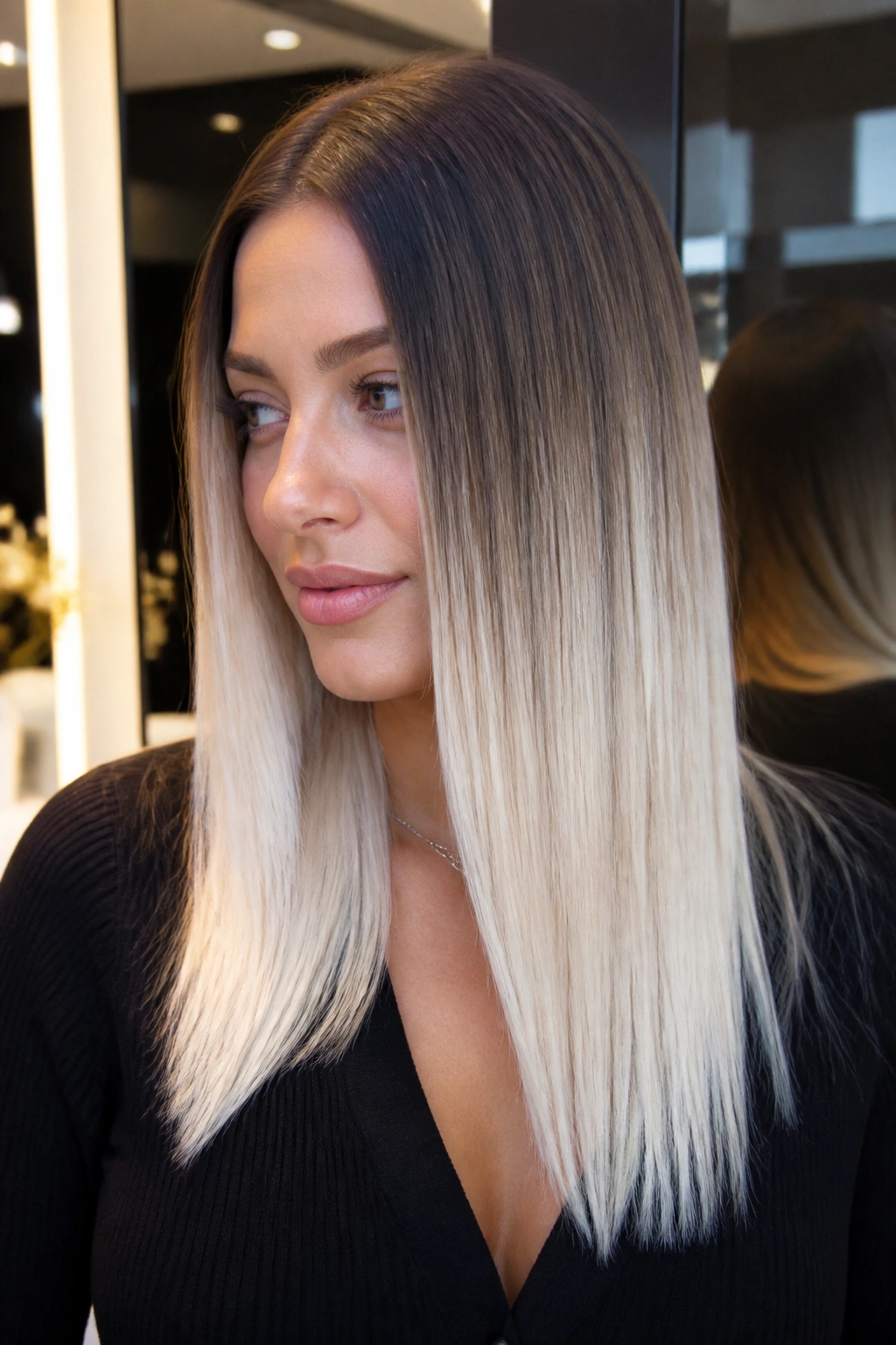 Close-up portrait of platinum tips with shadow root on straight hair