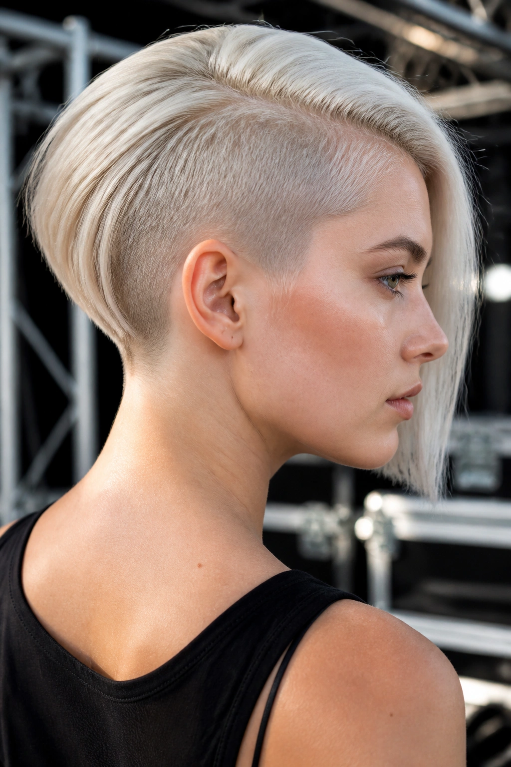 Portrait of real woman with platinum undercut bob and icy blonde silhouette.