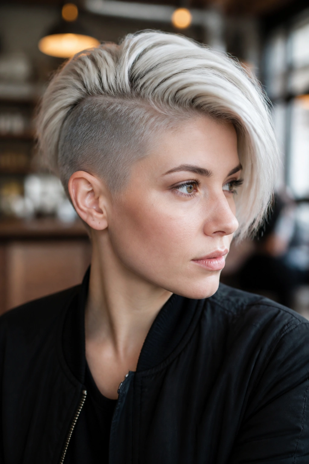 Portrait of a person with platinum undercut, shaved sides and longer top, bold contrast