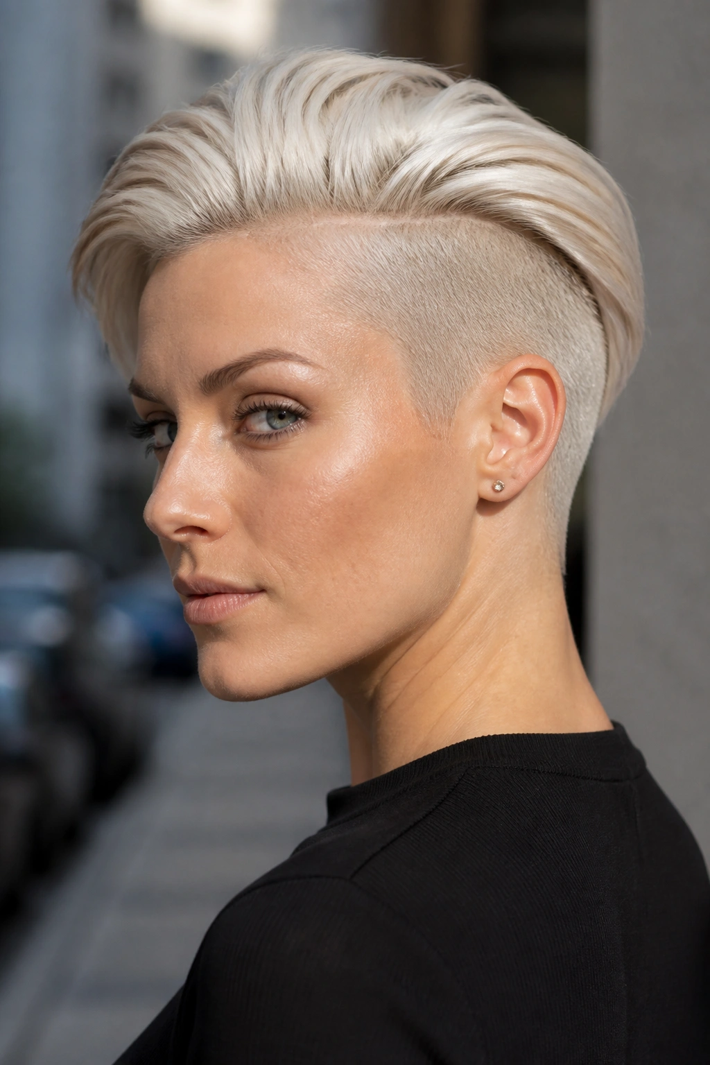 Close-up of a real person with platinum undercut showing crisp shaved edges and bright top