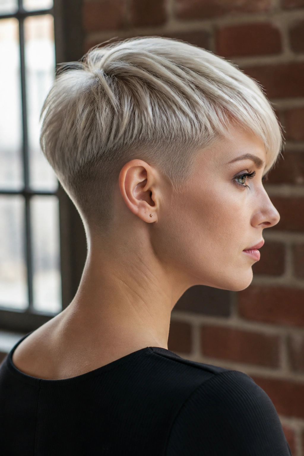 Close-up of real woman with platinum undercut pixie