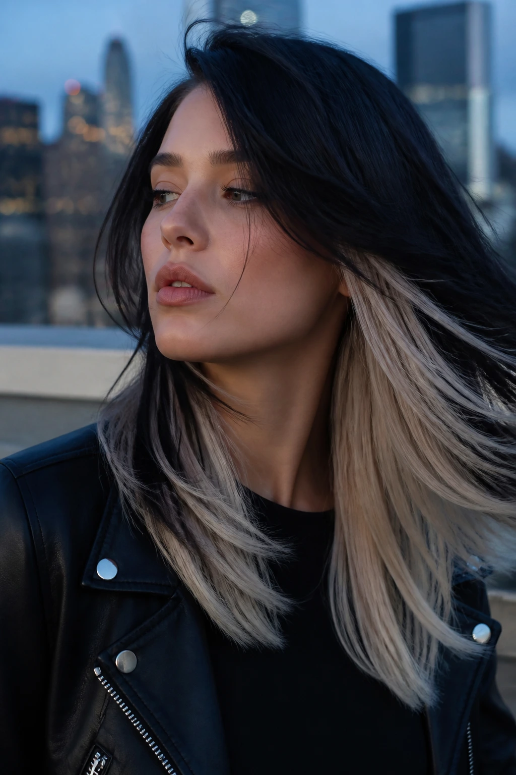 Close-up portrait of a real person with platinum underlayer peeking from beneath the top layer.
