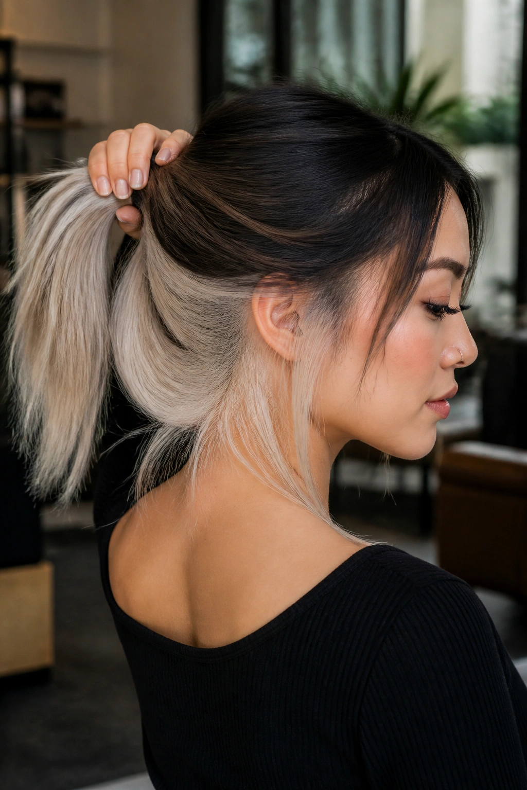 Portrait of a real woman with platinum underlayer peeking from beneath a darker top layer.
