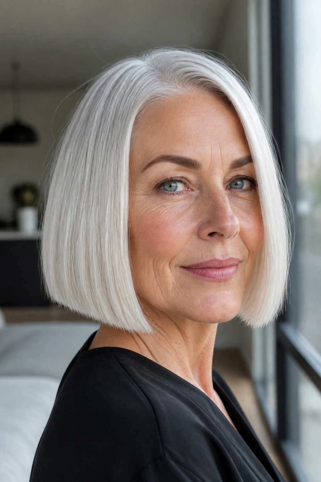 Close-up of a woman with platinum white blunt bob in a sunlit modern interior