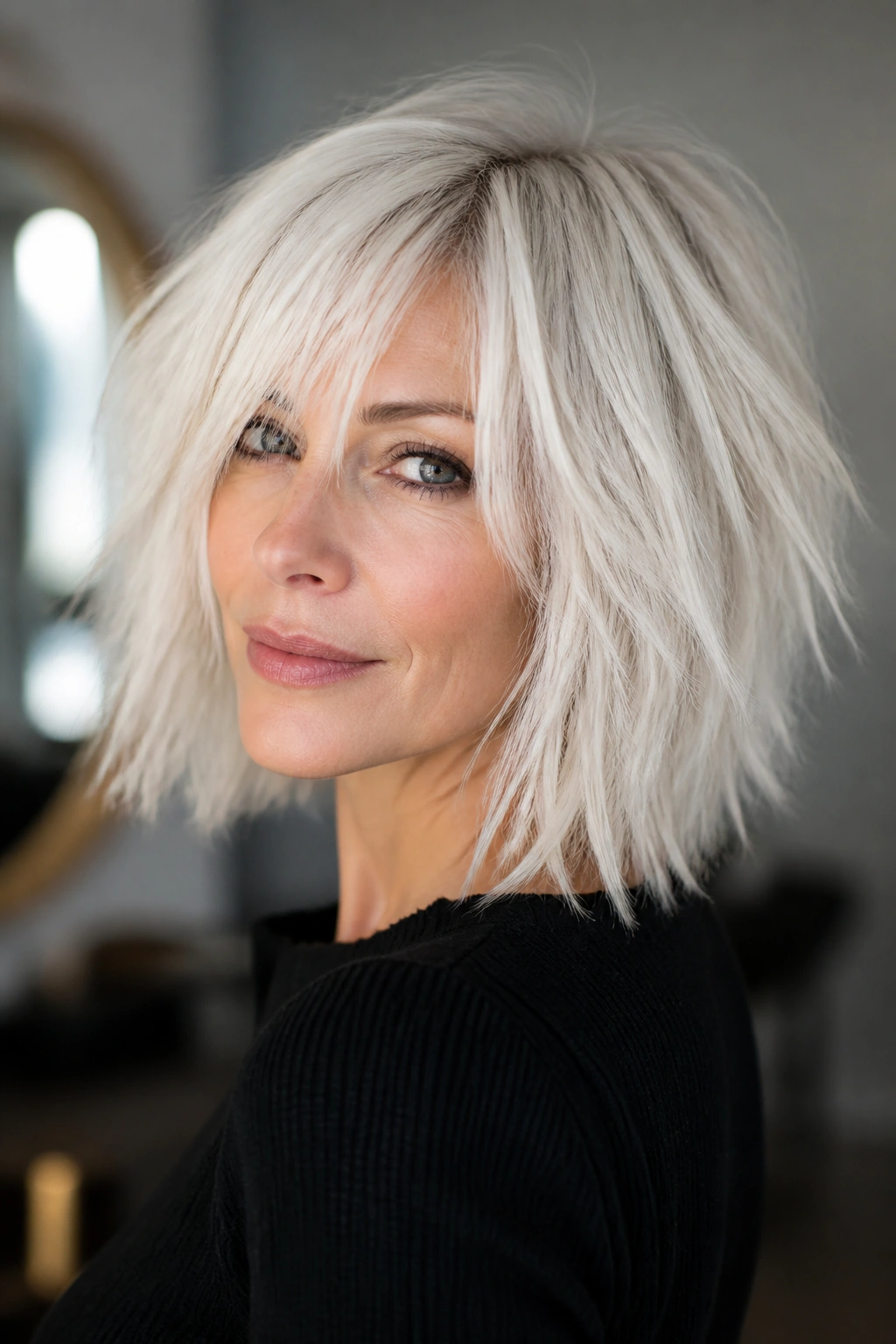 Close-up portrait of a real woman with platinum white hair and choppy ends.