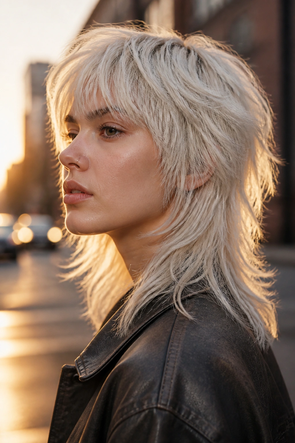 Close-up portrait of a real person with platinum wolf cut mullet in golden hour city light