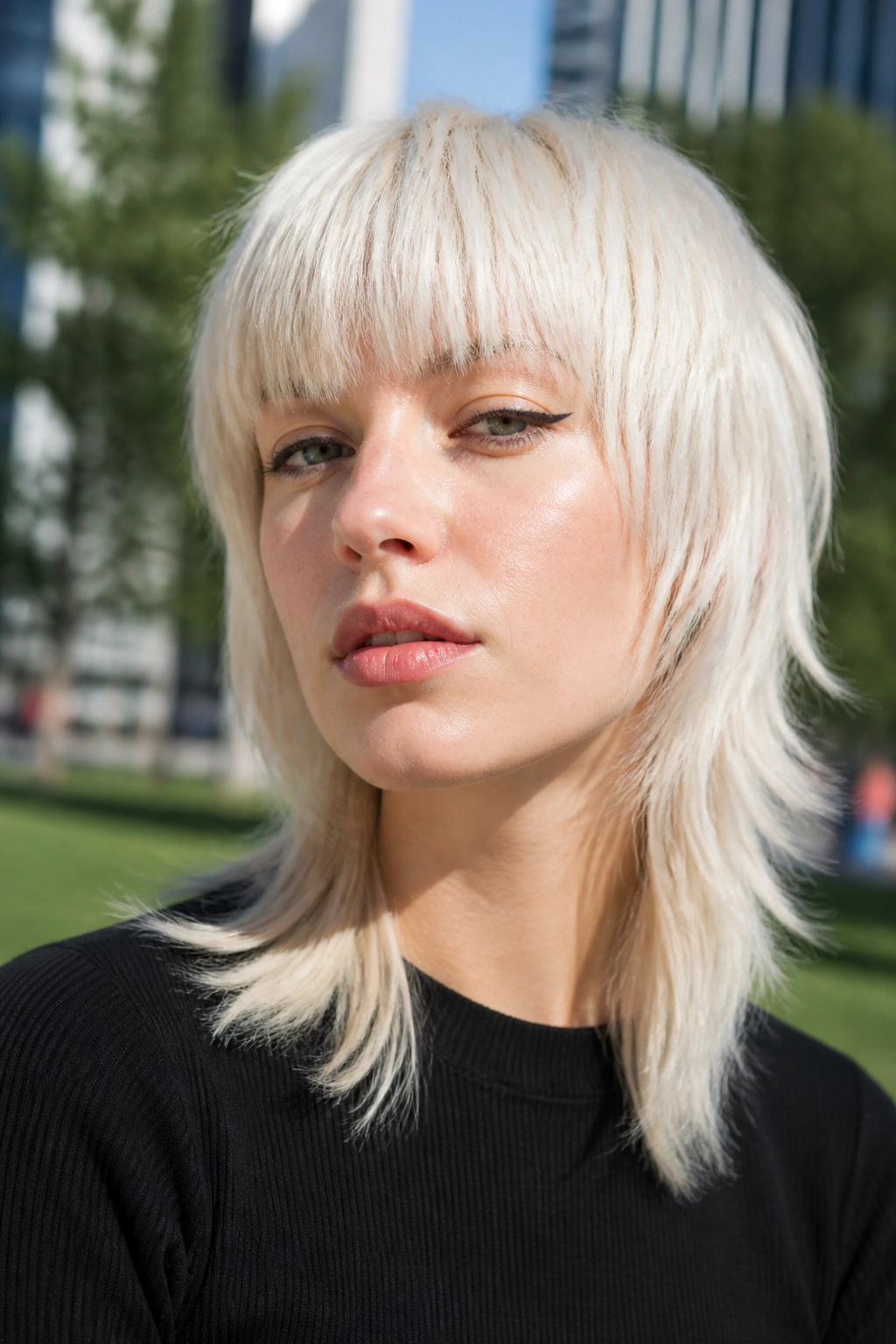 Portrait of a woman with platinum blonde wolf cut and blunt fringe in park