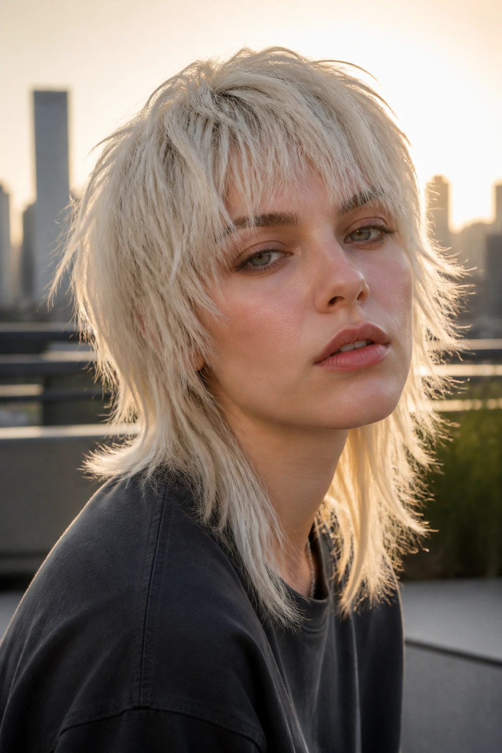 Portrait of a real person with platinum wolf cut featuring textured crown layers.