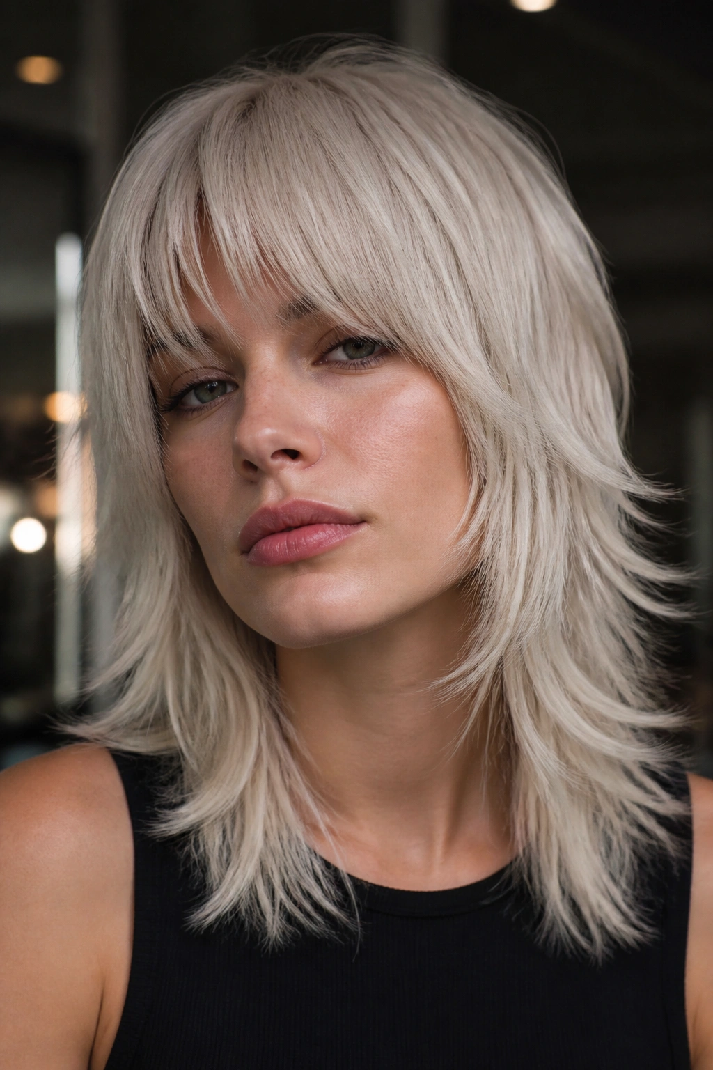 Close-up portrait of a real person with platinum blonde wolf cut and razor-soft ends