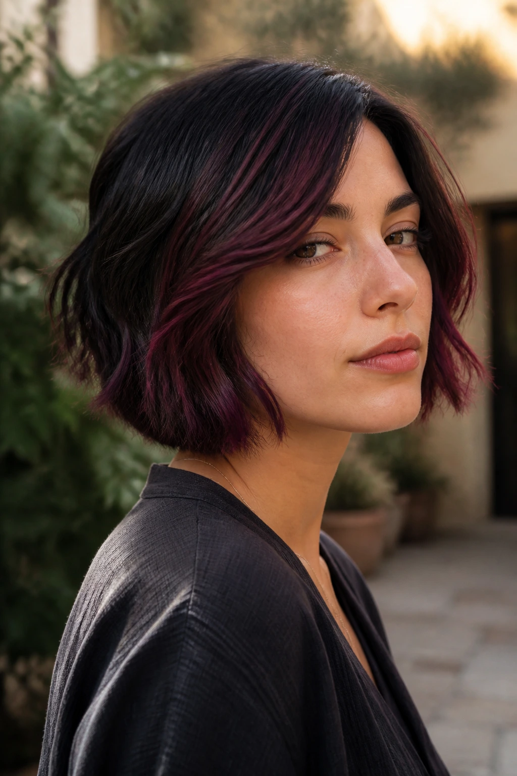 Close-up portrait of a real woman with plum balayage on short dark hair