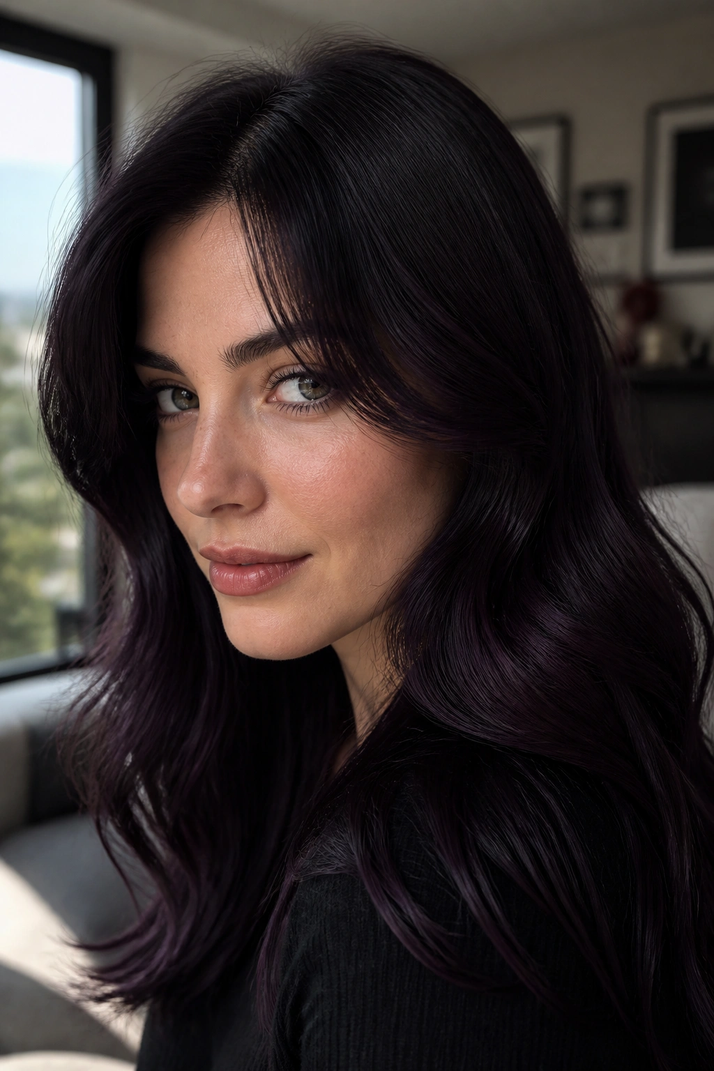 Close-up portrait of a person with plum-black hair in a living room setting