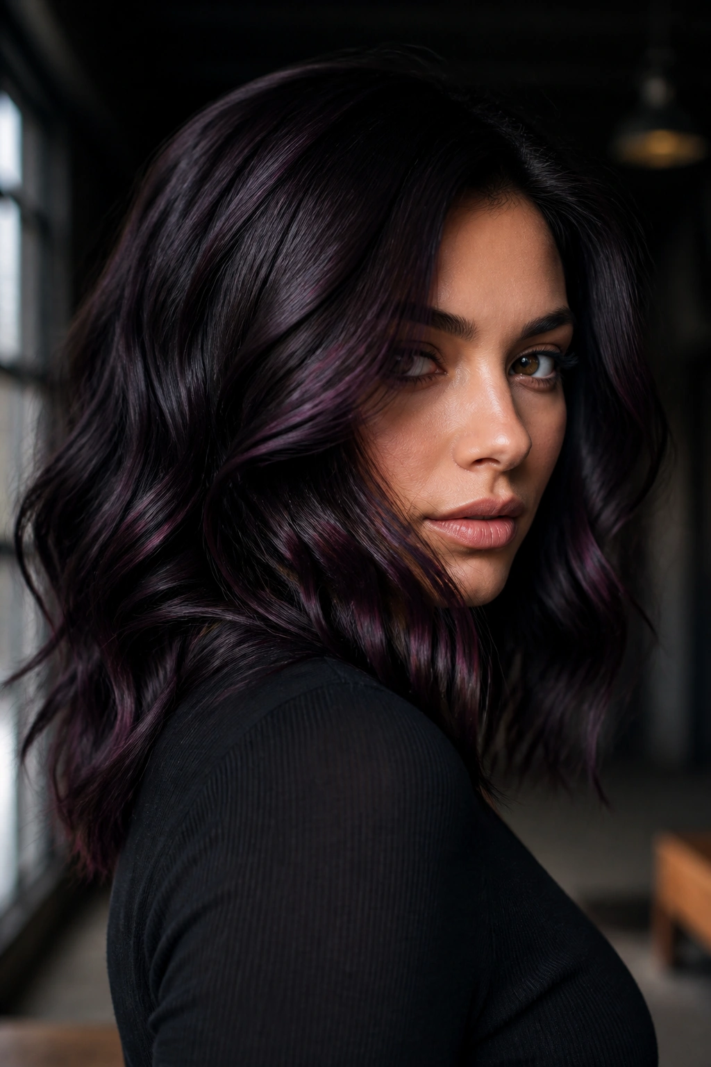 Portrait of a woman with plum-black hair showing violet undertones in waves