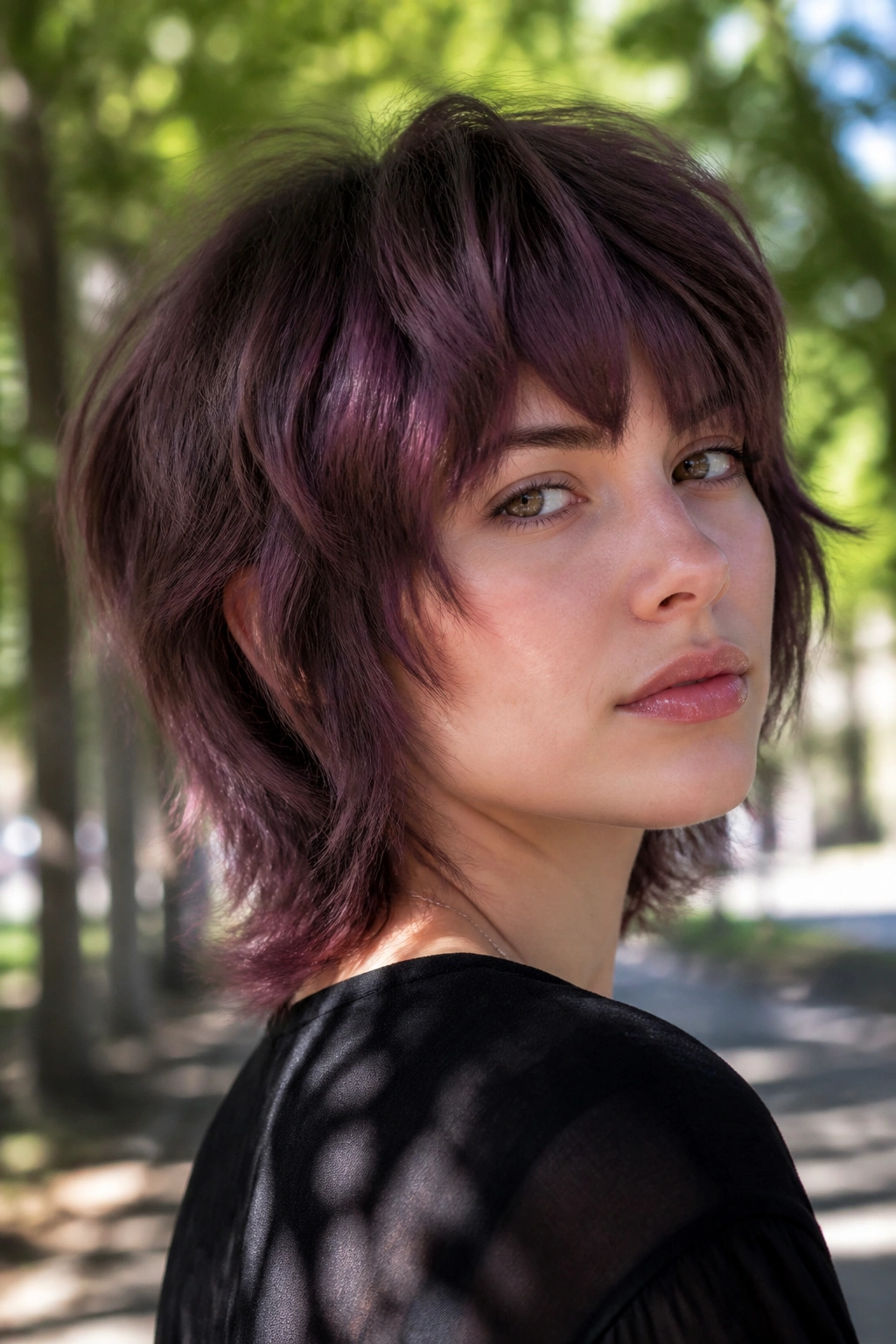 Portrait of a real woman with plum-brown short shag and violet undertones in natural light.