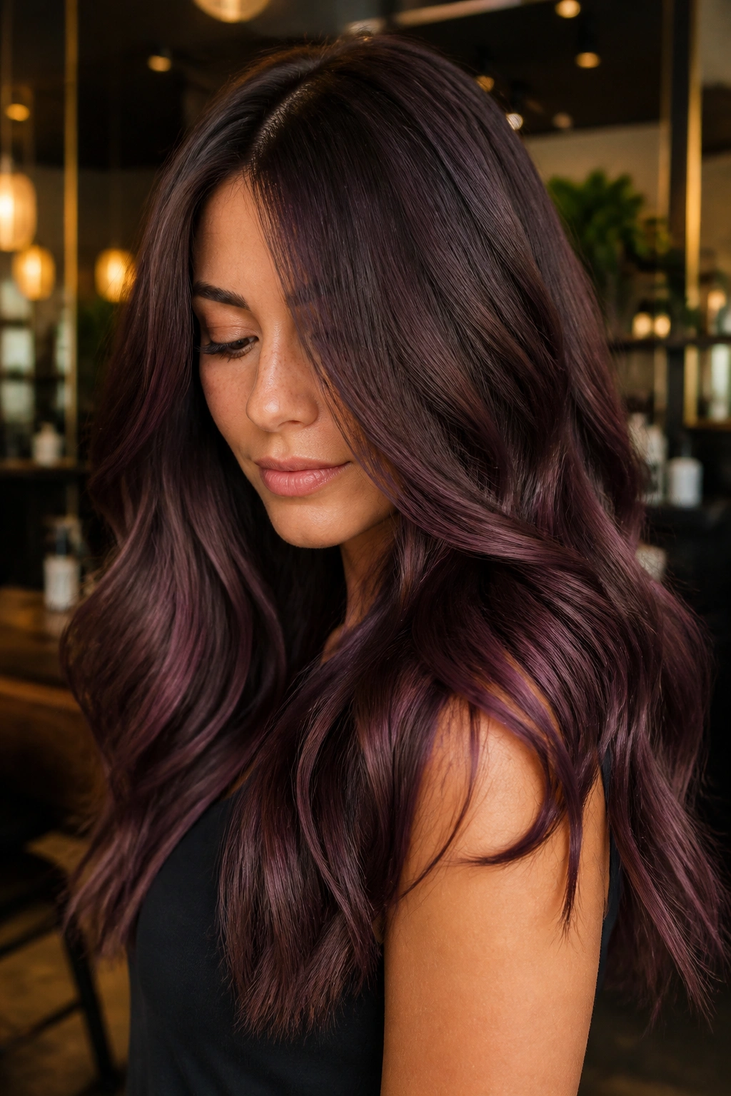 Real woman with plum brown hair and smoky violet-burgundy depth in warm salon lighting