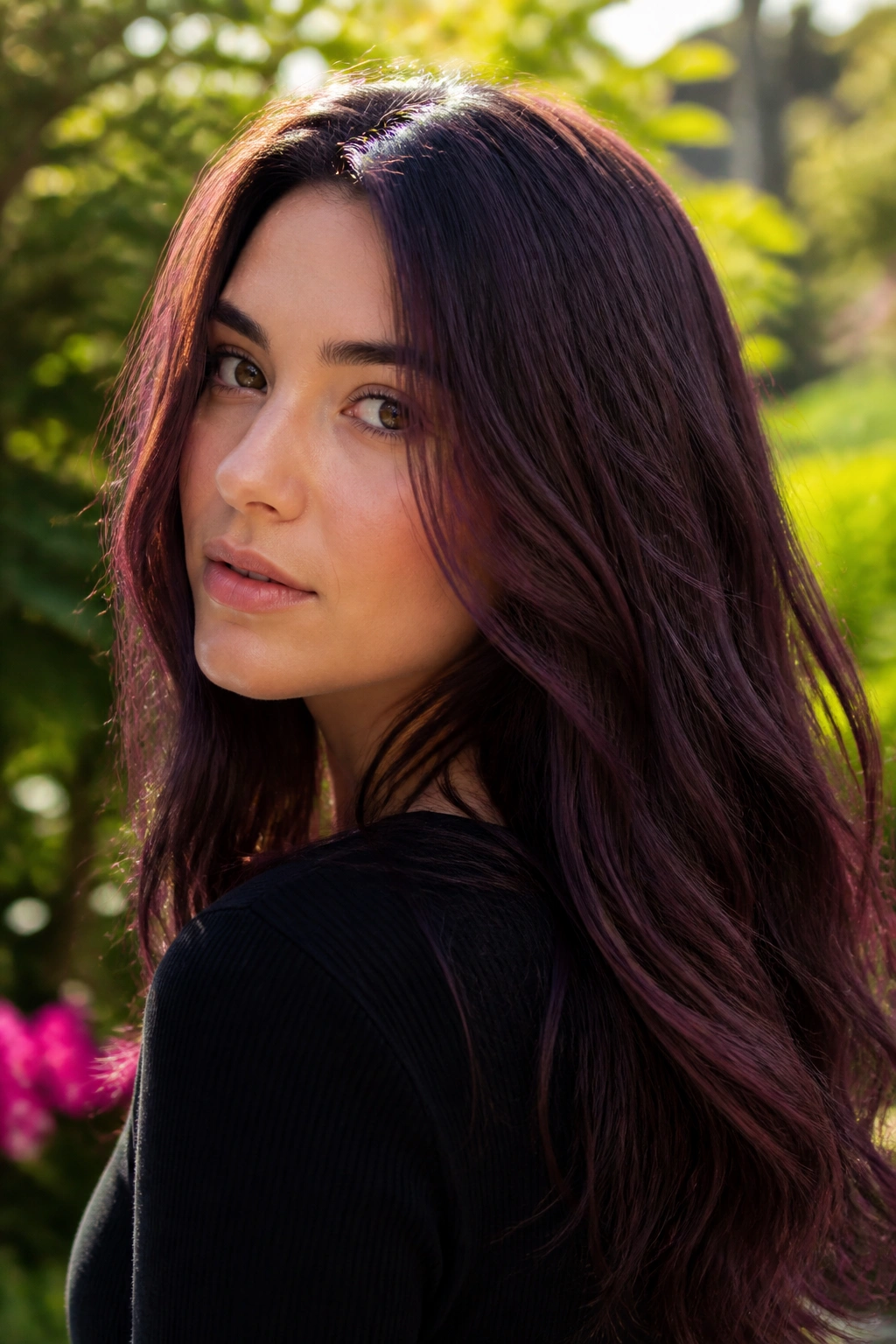 Close-up portrait of a real woman with plum-brown hair and violet cast in sunlight.
