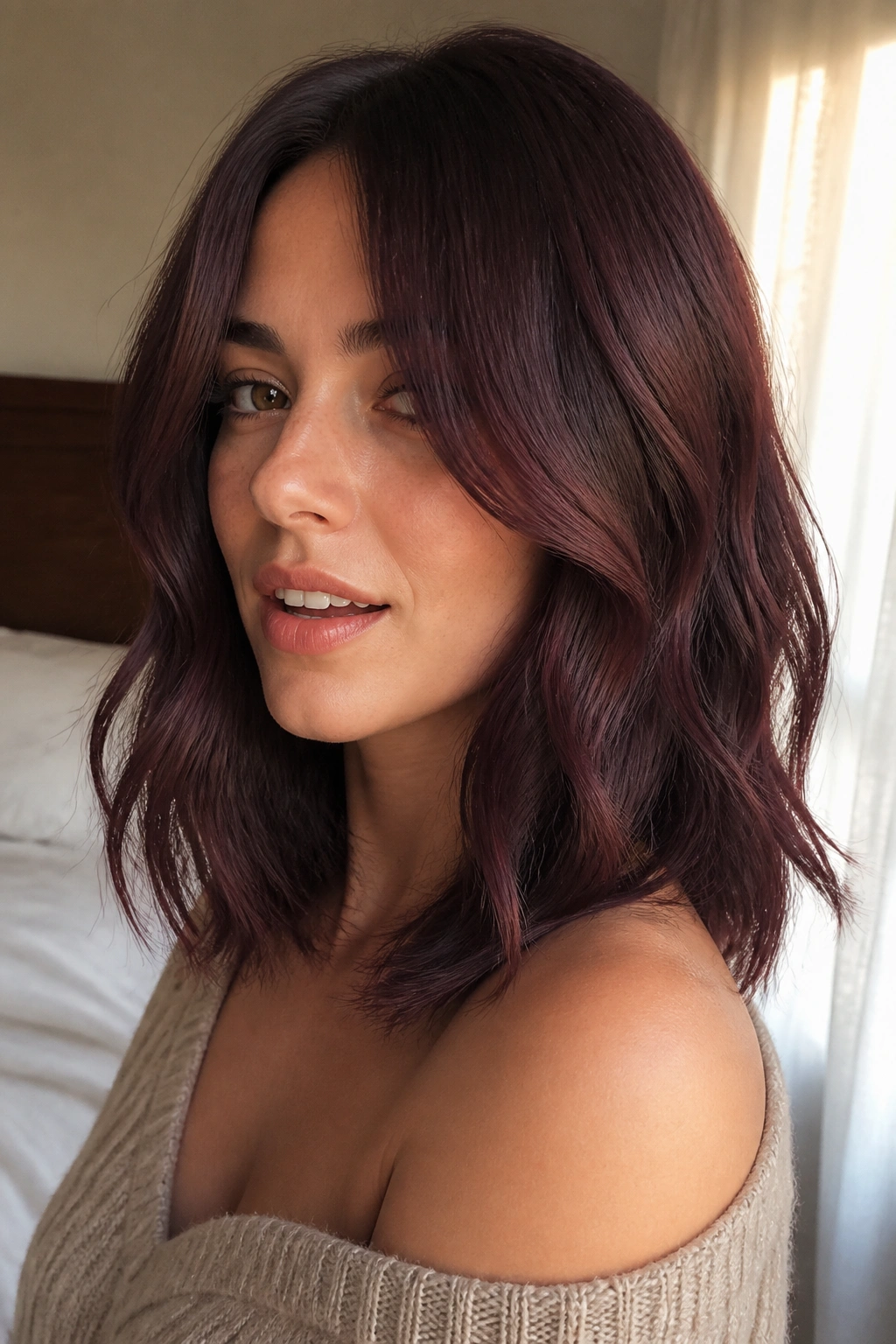 Close-up portrait of a woman with plum brunette and berry undertones in natural light