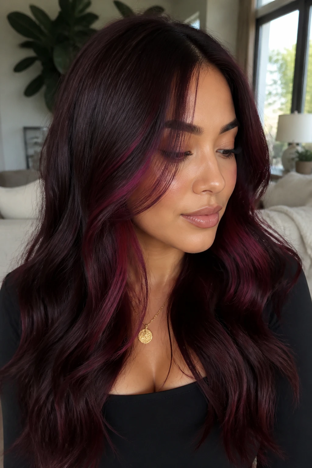 Close-up of a real woman with plum face frame on dark burgundy hair by the face