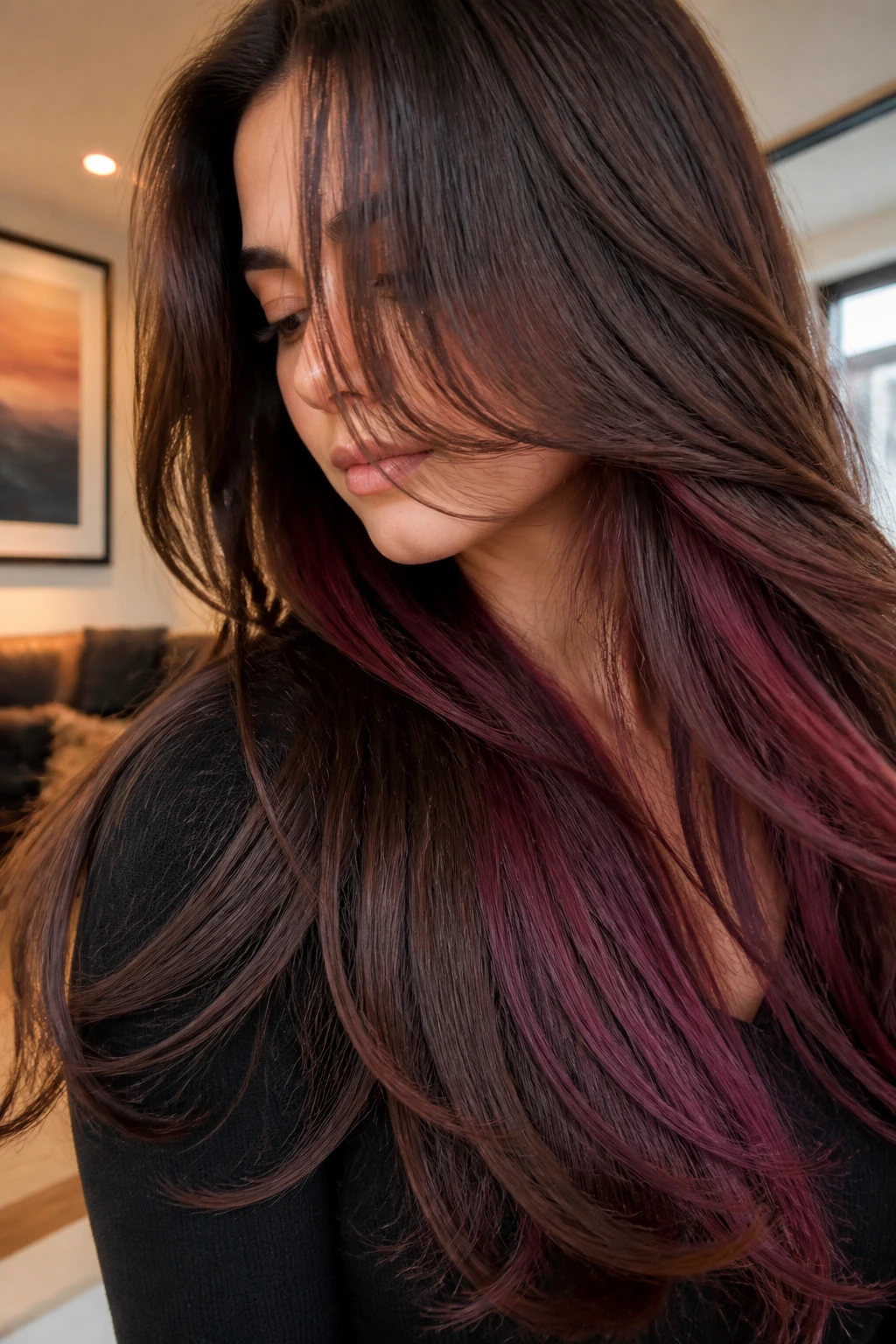 Close-up of long hair with plum and burgundy underlayers visible under the top layer