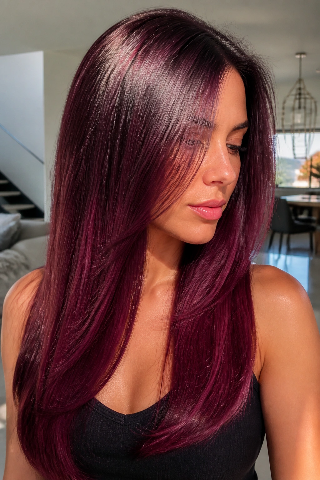 Close-up of a real woman with plum to mulberry melt on straight hair in bright daylight