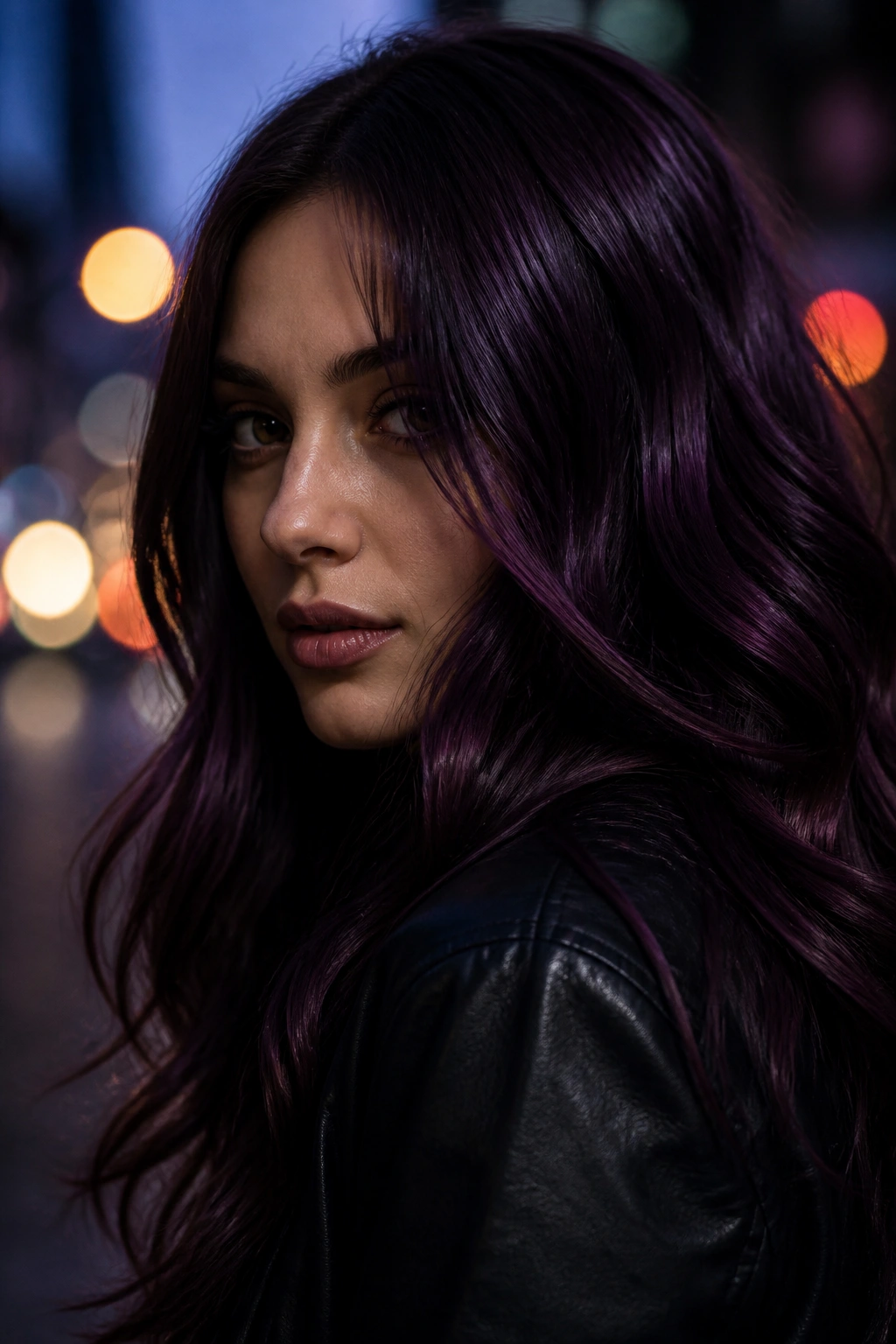 Close-up of a real person with plum noir hair and violet undertones