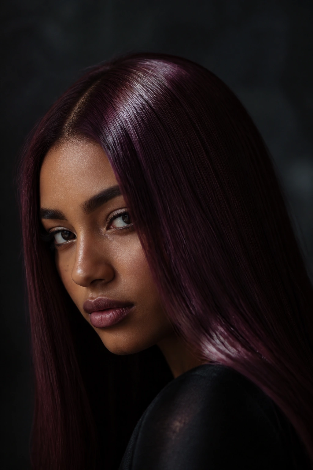 Close-up portrait of a person with Plum Red hair in a moody interior